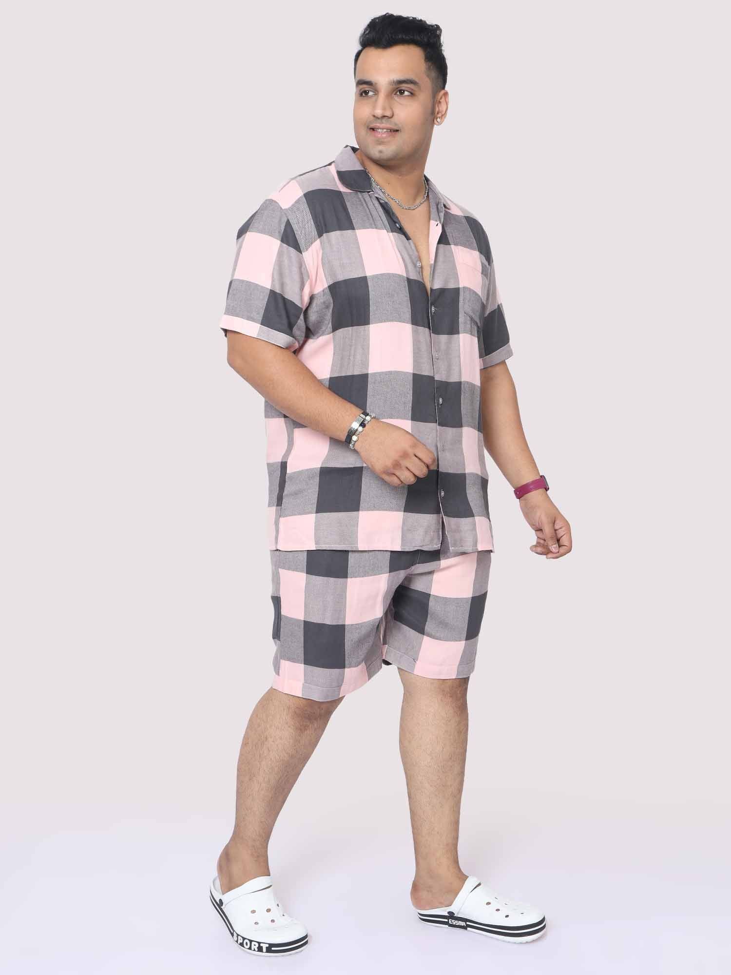 Men Plus Size Blush Grey Checks Printed Half Sleeve Co-Ords - Guniaa Fashions