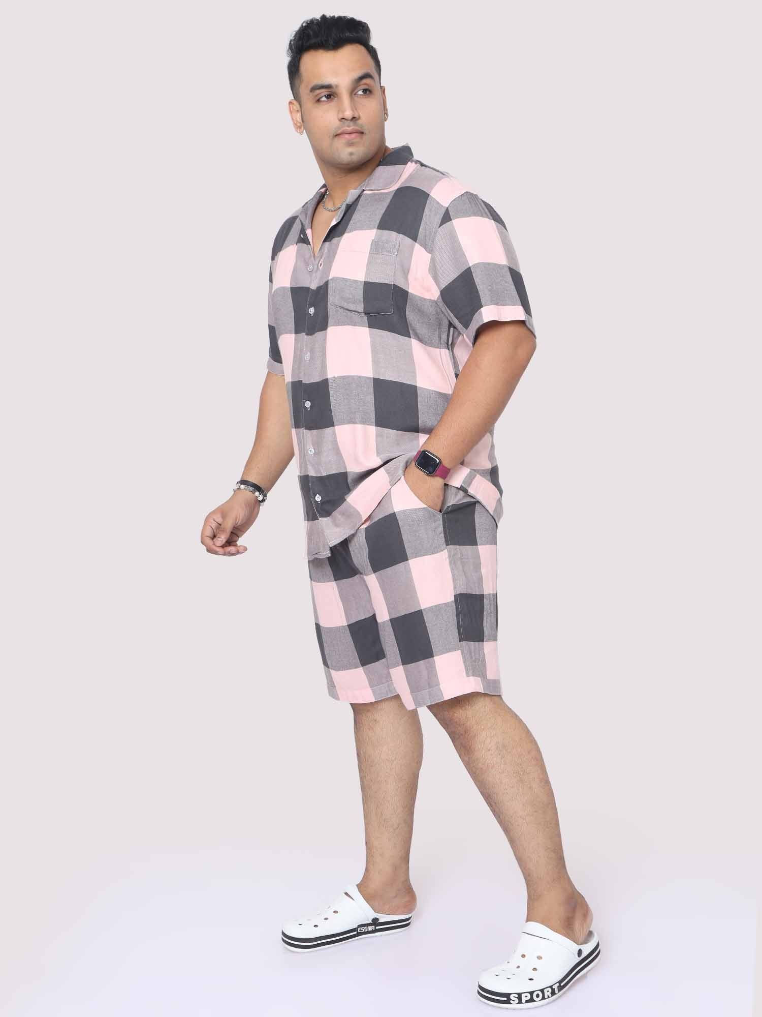 Men Plus Size Blush Grey Checks Printed Half Sleeve Co-Ords - Guniaa Fashions