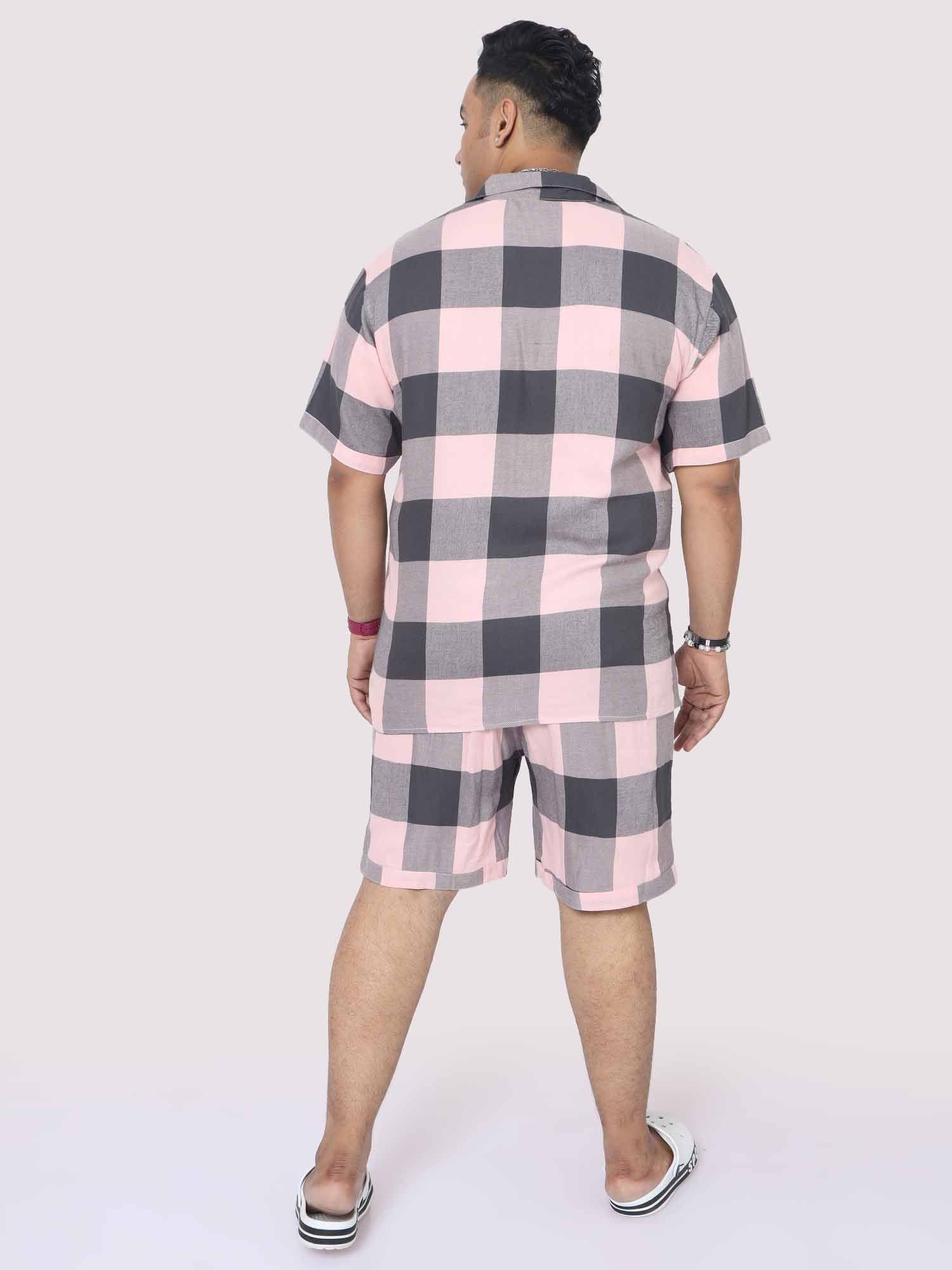 Men Plus Size Blush Grey Checks Printed Half Sleeve Co-Ords - Guniaa Fashions