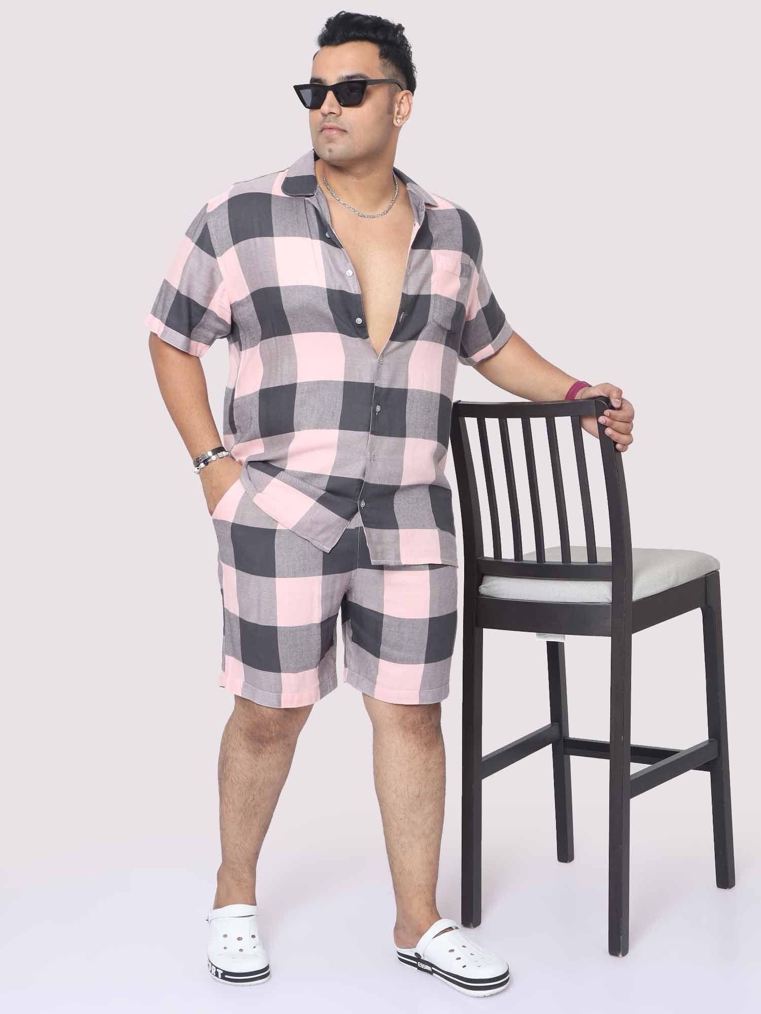 Men Plus Size Blush Grey Checks Printed Half Sleeve Co-Ords - Guniaa Fashions