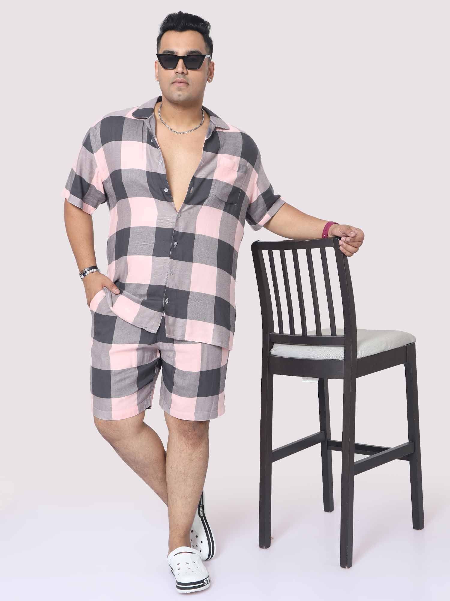 Men Plus Size Blush Grey Checks Printed Half Sleeve Co-Ords - Guniaa Fashions