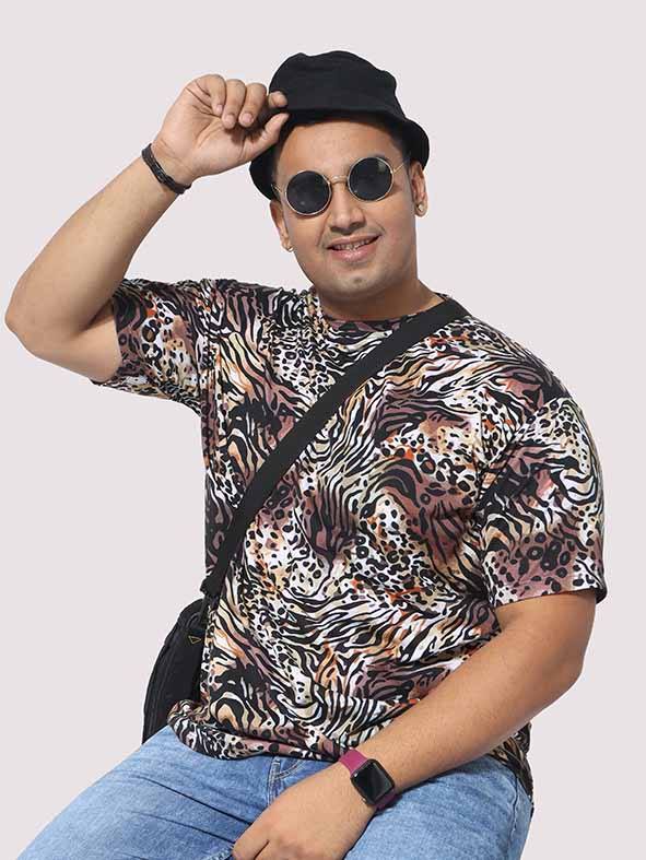 Men Plus Size Cheetah Pattern Digital Printed Round Neck T-Shirt - Guniaa Fashions