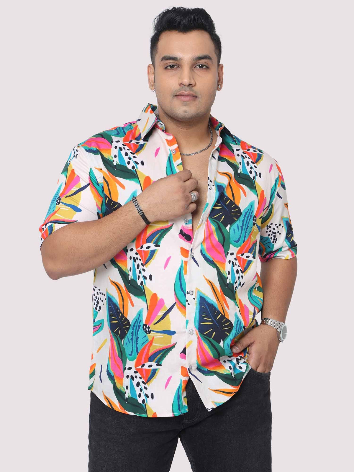 Men Plus Size Coloured Leaves Digital Printed Half Shirt - Guniaa Fashions