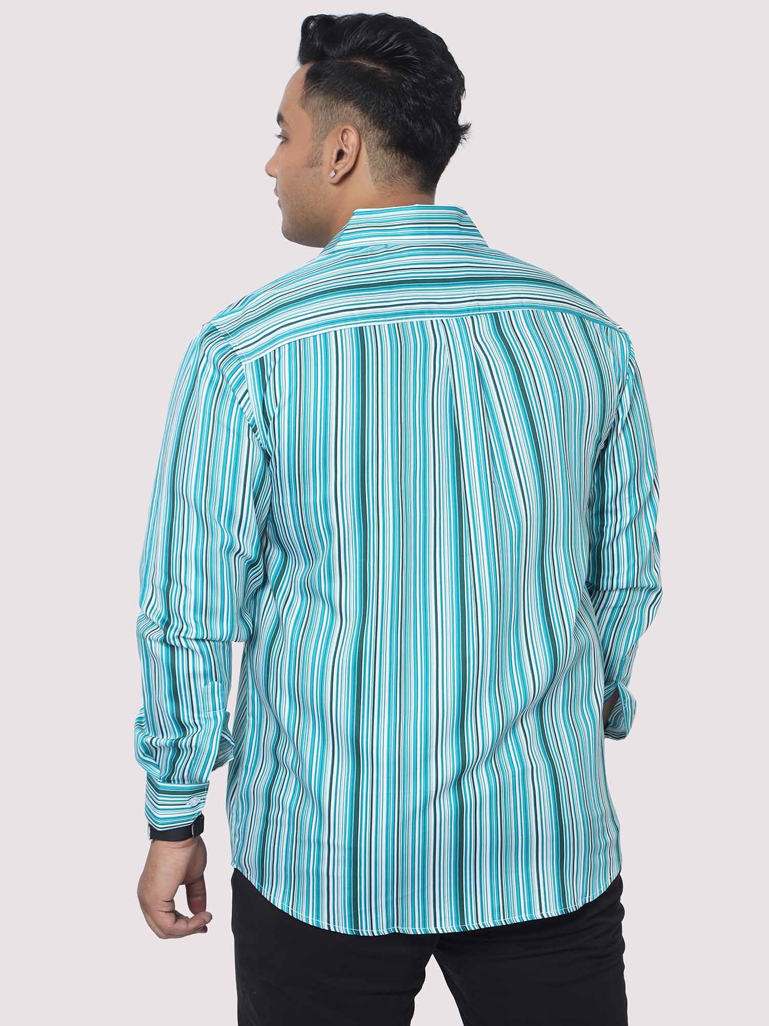 Men Plus Size Cyan Blue Striped Digital Printed Full Shirt - Guniaa Fashions