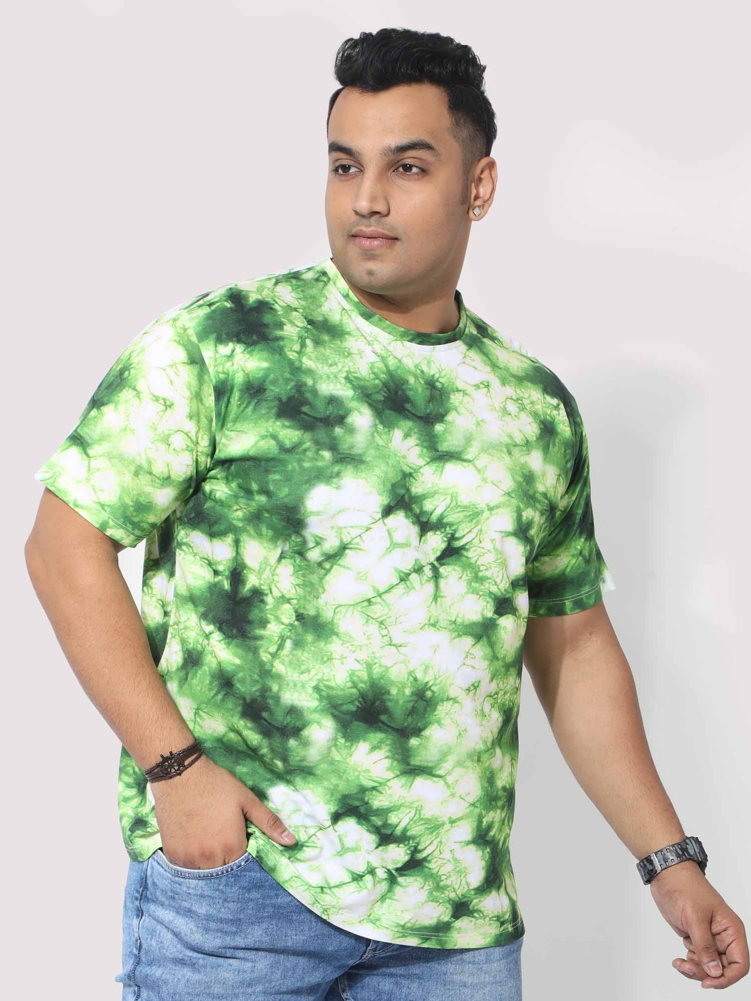 Men Plus Size Green Tie Dye Texture Digital Printed Round Neck T-Shirt - Guniaa Fashions