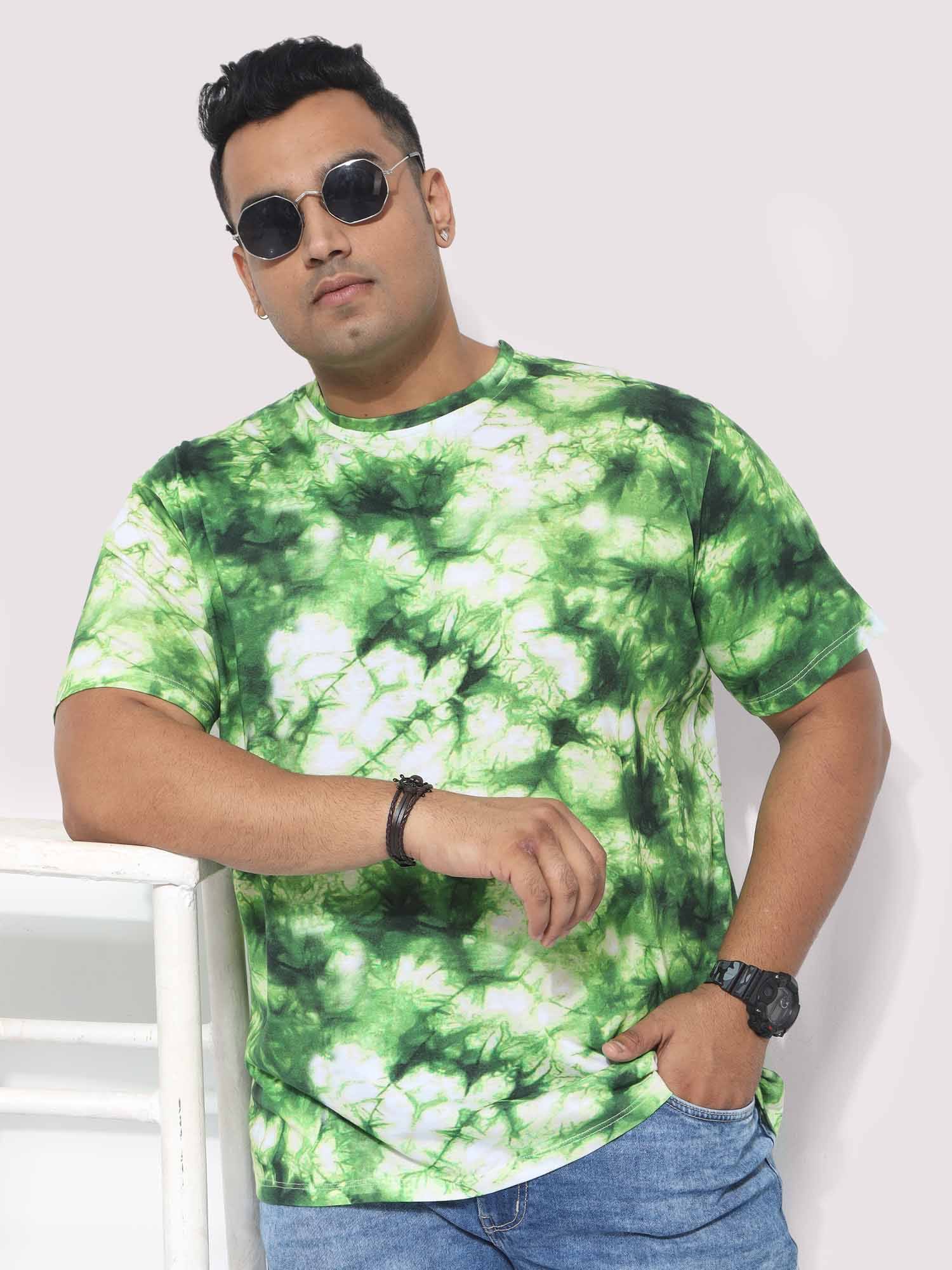 Men Plus Size Green Tie Dye Texture Digital Printed Round Neck T-Shirt - Guniaa Fashions