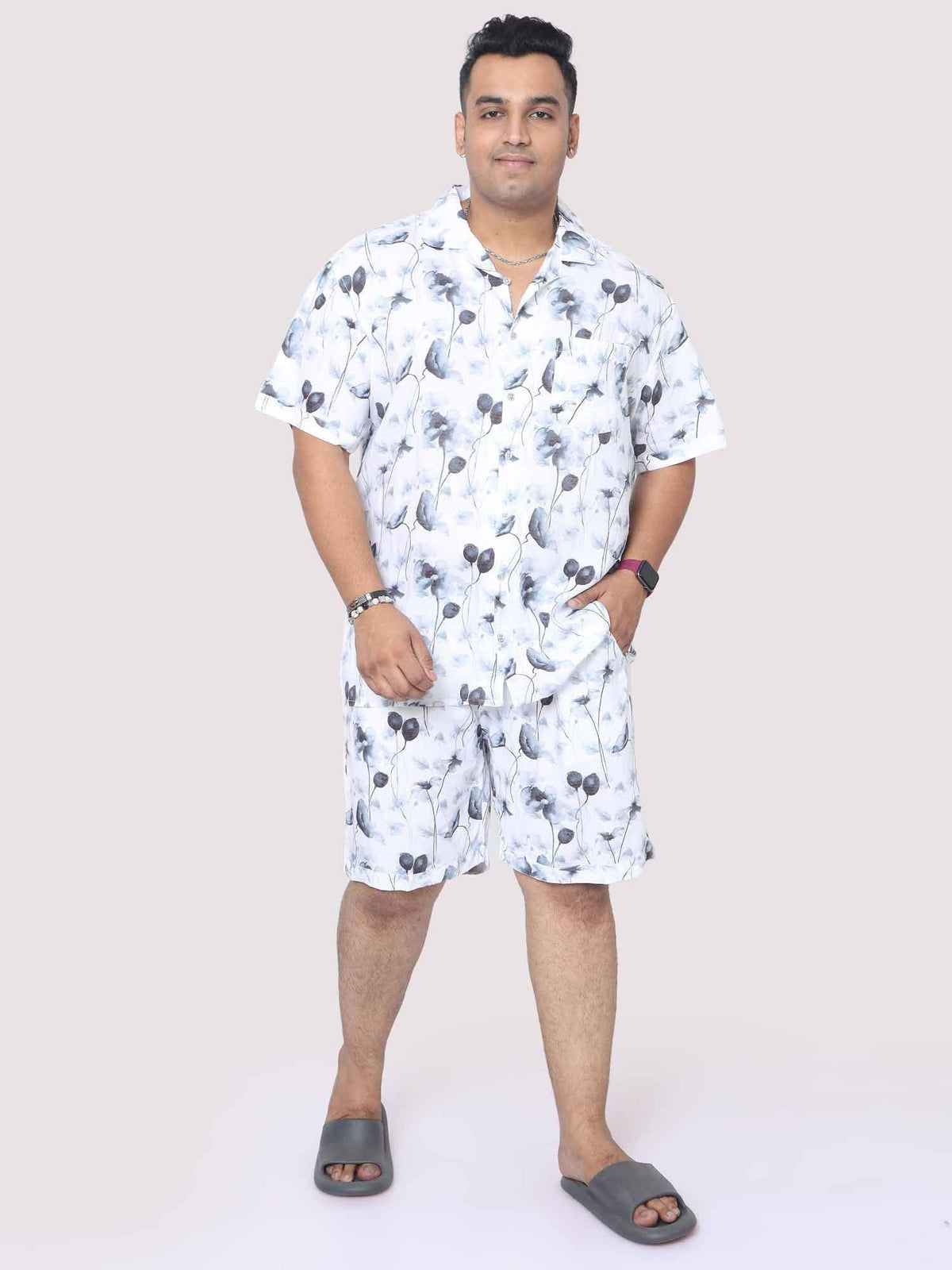 Men Plus Size Grey Blossom Printed Half Sleeve Co-Ords - Guniaa Fashions