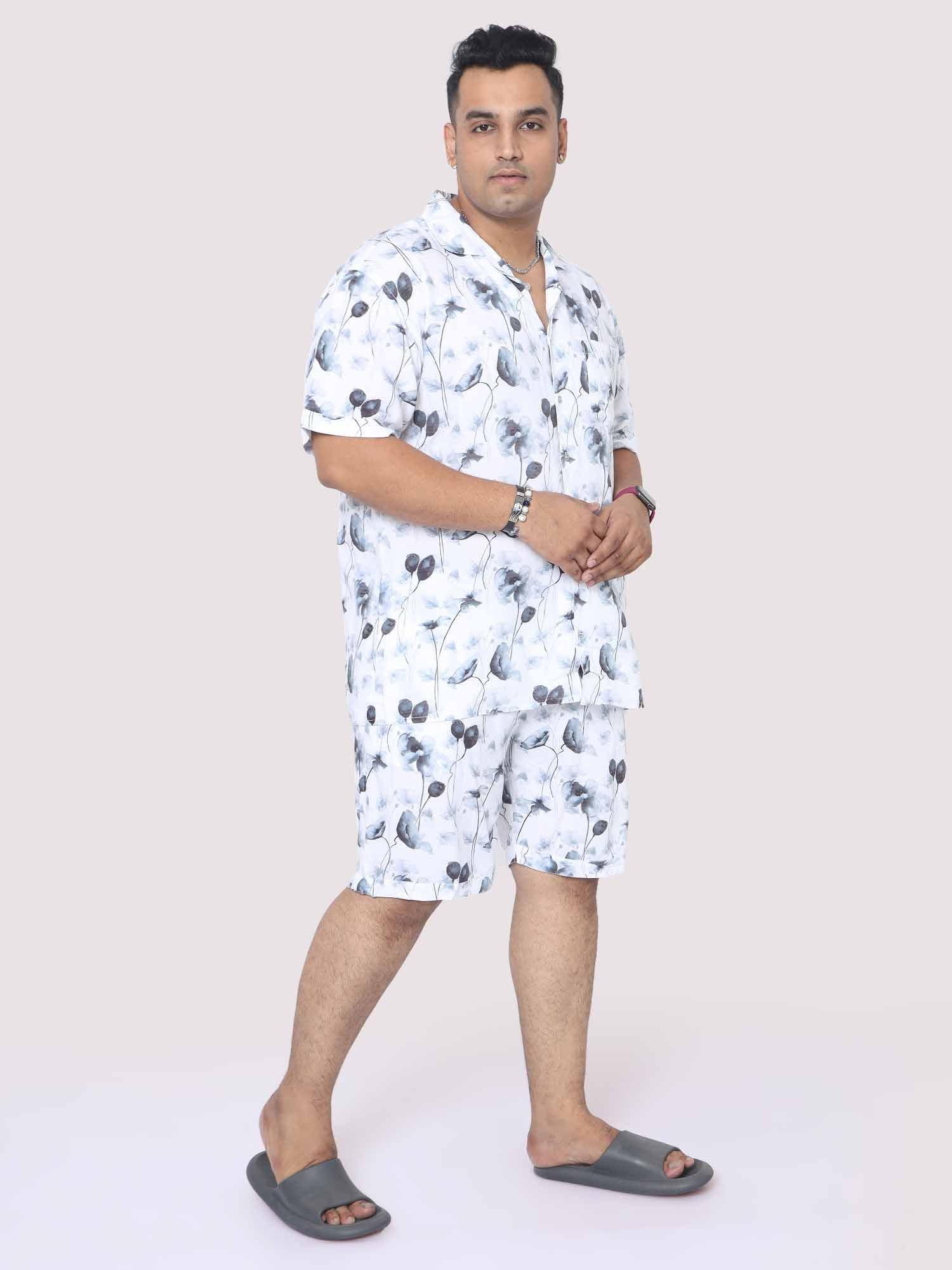 Men Plus Size Grey Blossom Printed Half Sleeve Co-Ords - Guniaa Fashions