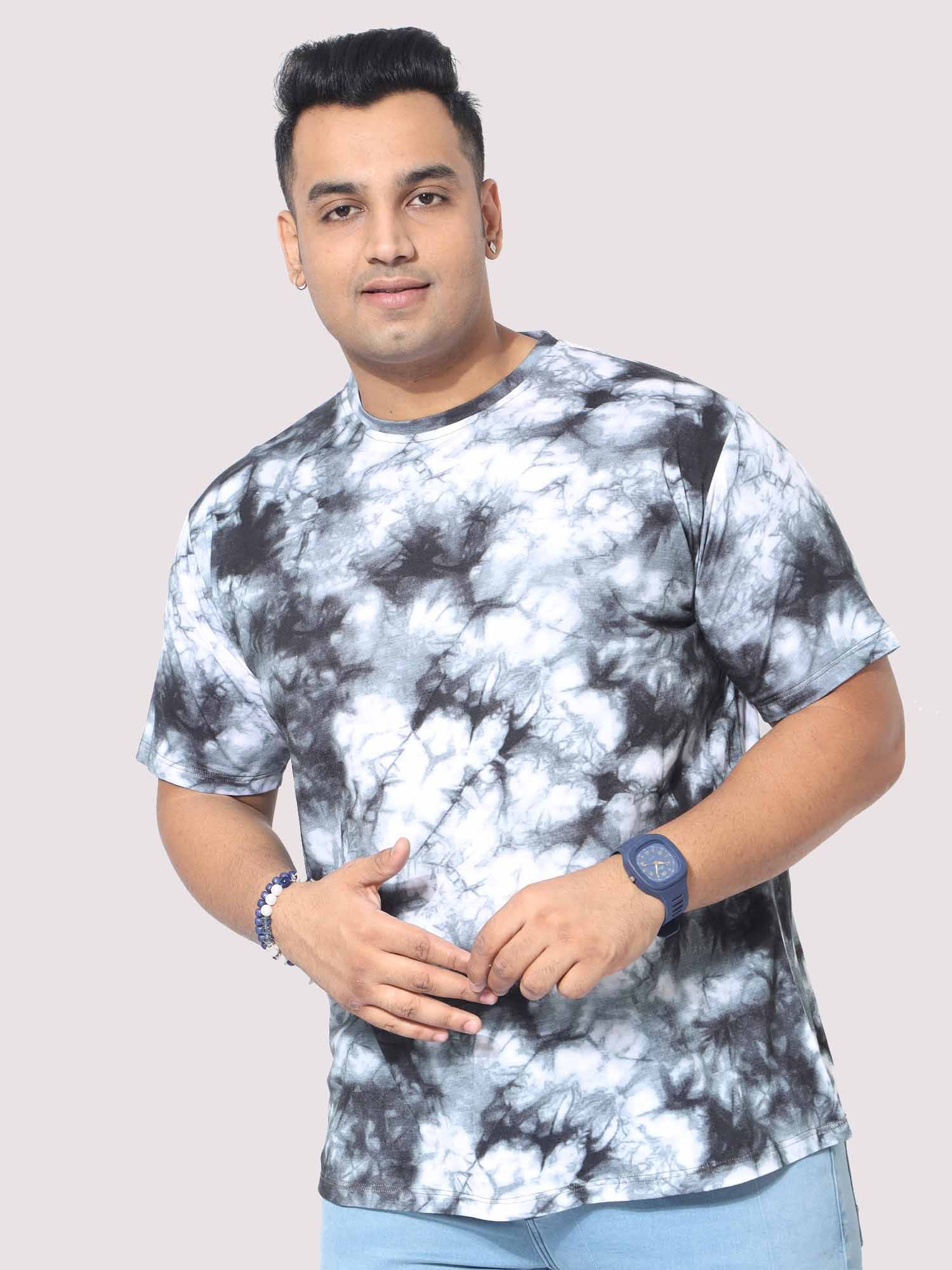 Men Plus Size Grey Tie Dye Texture Digital Printed Round Neck T-Shirt - Guniaa Fashions