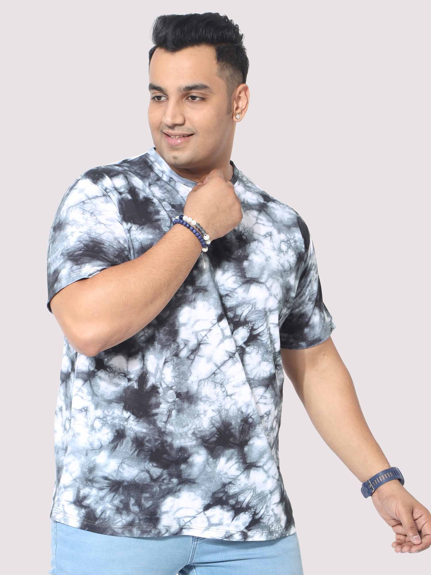 Men Plus Size Grey Tie Dye Texture Digital Printed Round Neck T-Shirt - Guniaa Fashions