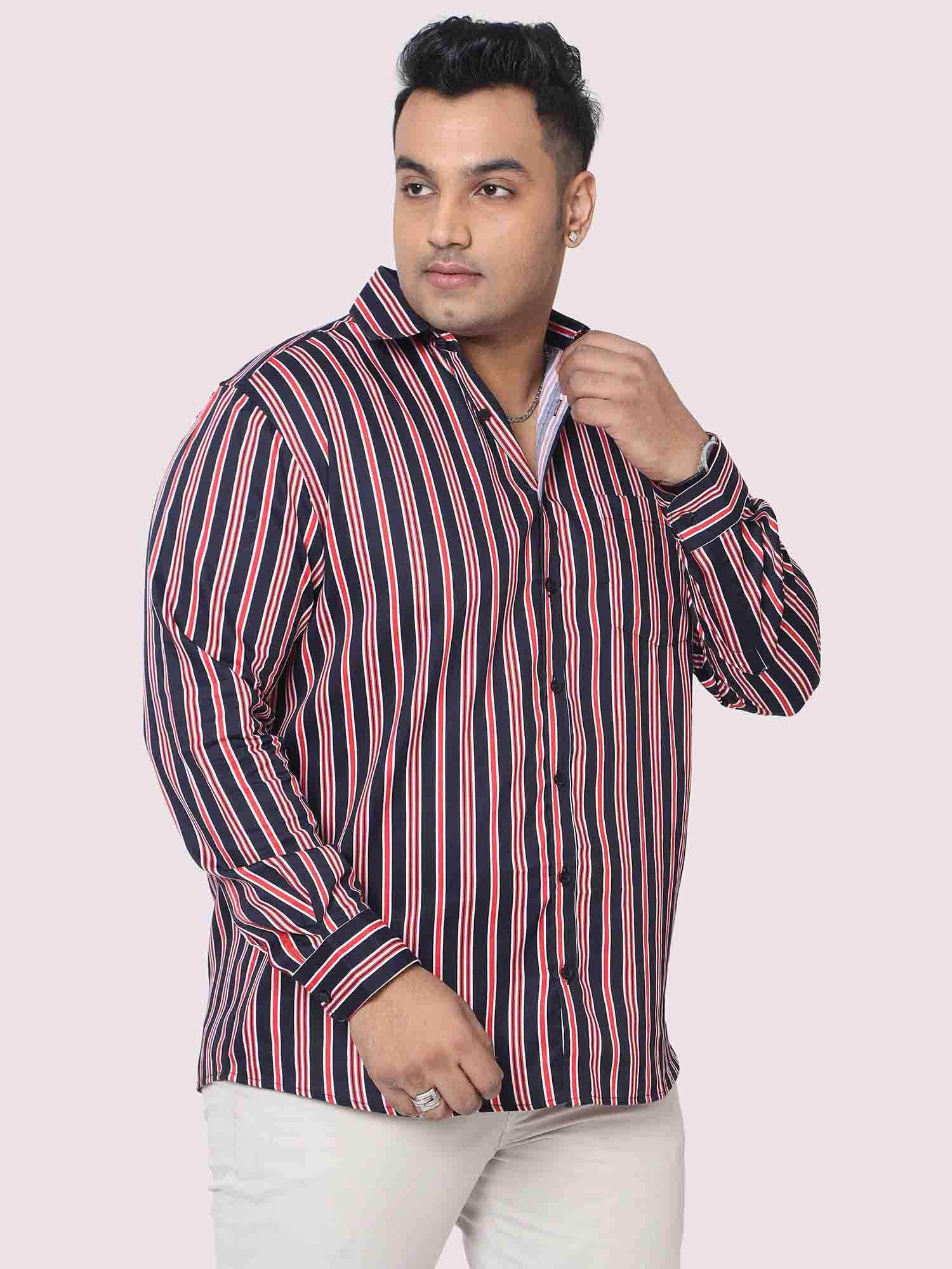 Men Plus Size Maroon & Blue Striped Digital Printed Full Shirt - Guniaa Fashions