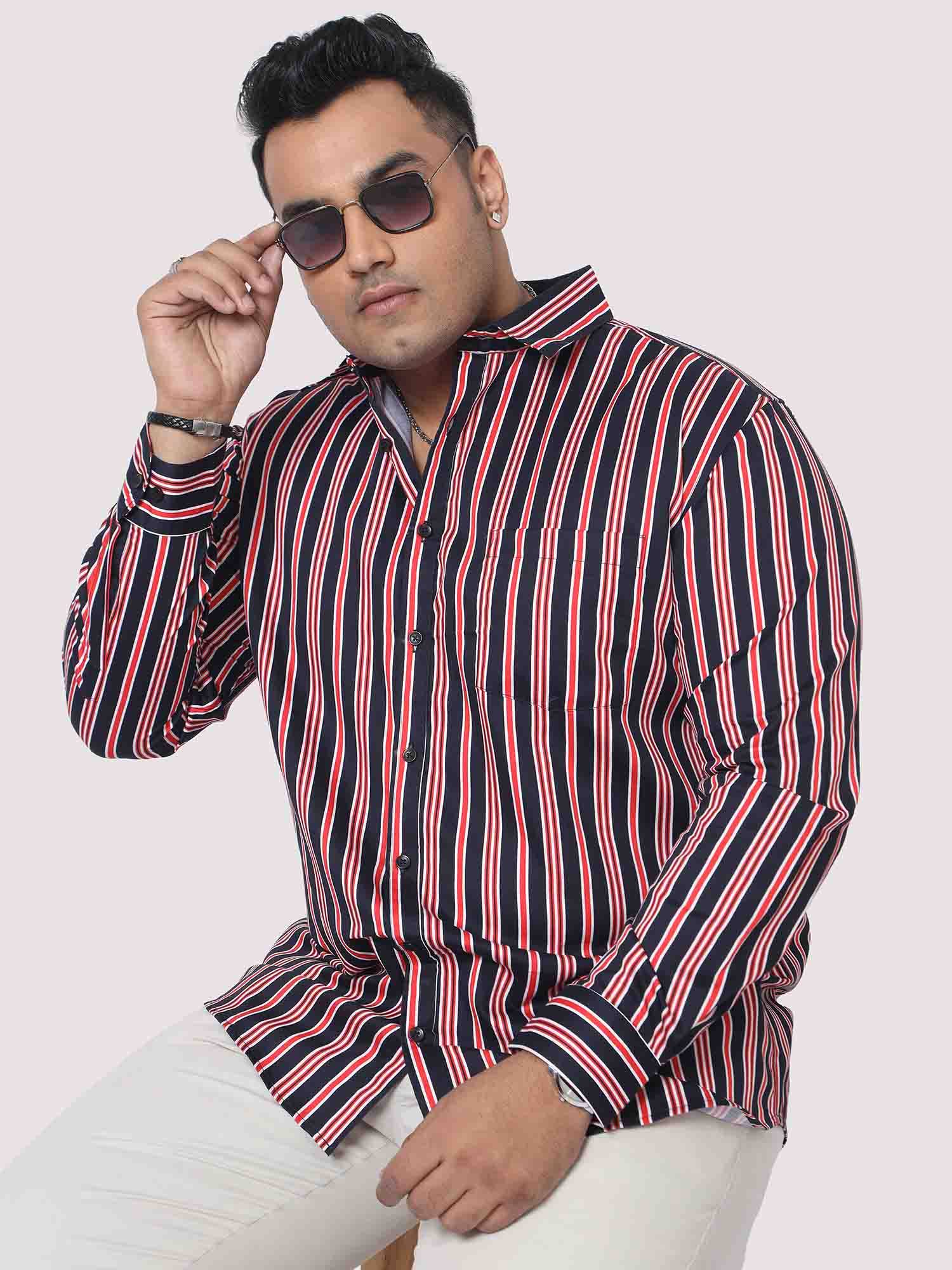 Men Plus Size Maroon & Blue Striped Digital Printed Full Shirt - Guniaa Fashions