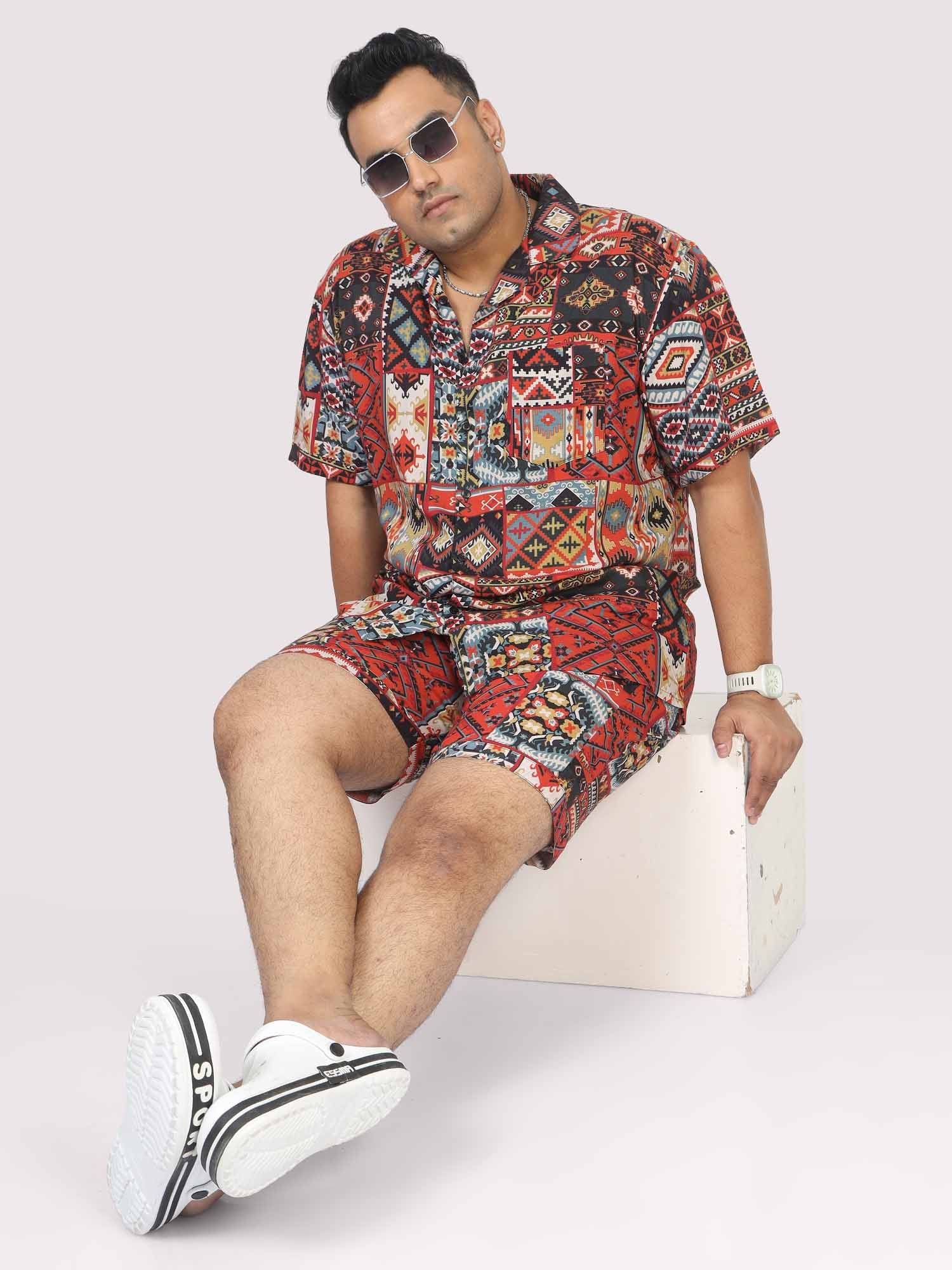 Men Plus Size Multi Ikat Printed Half Sleeve Co-Ords - Guniaa Fashions