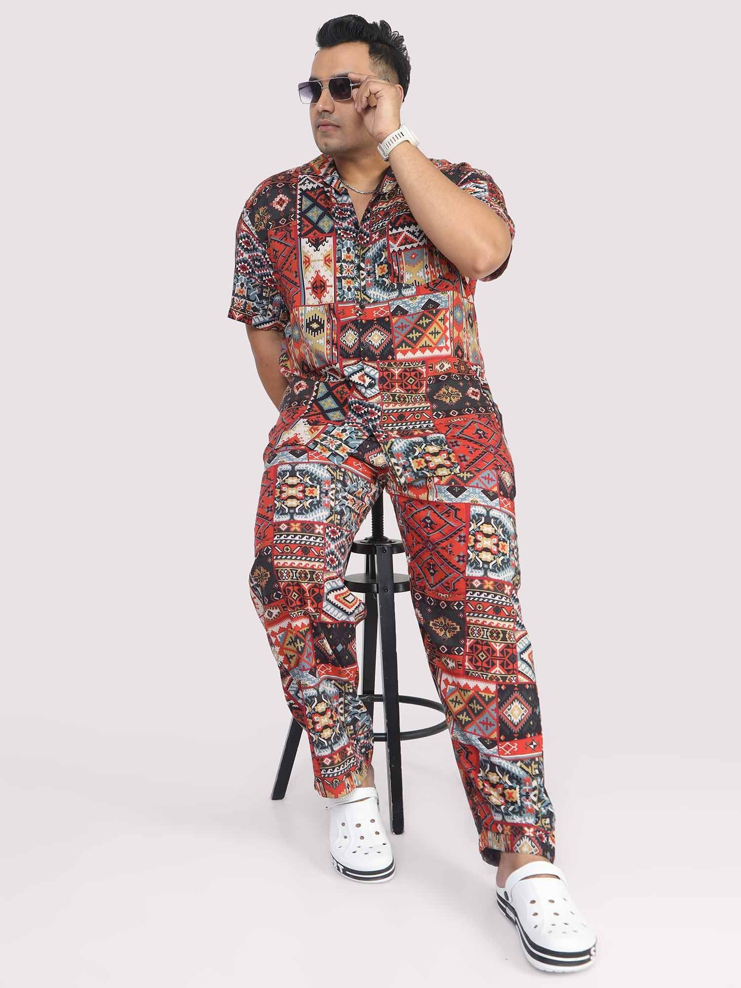 Men Plus Size Multi Ikkat Printed Full Sleeve Co-Ords - Guniaa Fashions