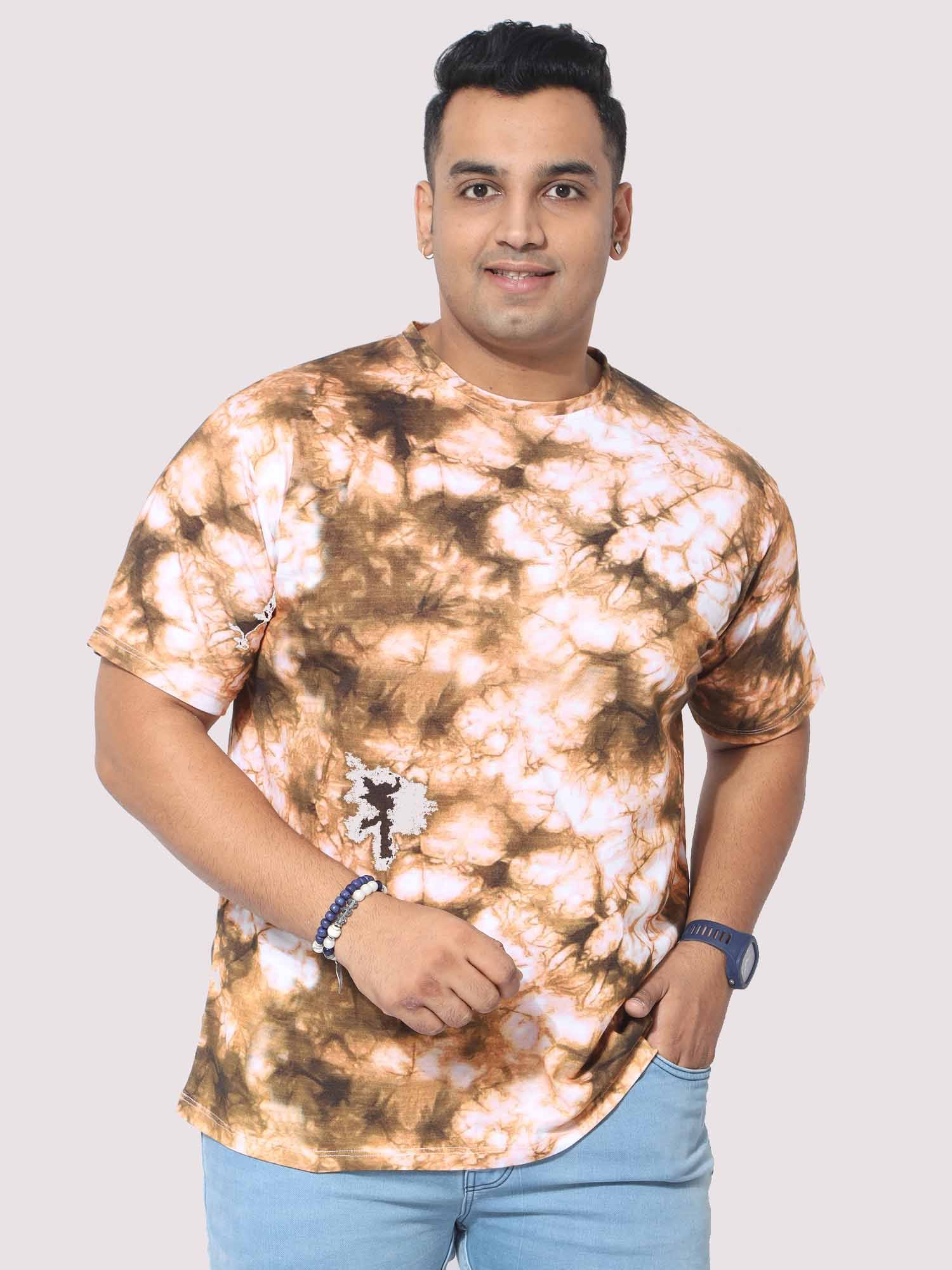 Men Plus Size Mustard Tie Dye Texture Digital Printed Round Neck T-Shirt - Guniaa Fashions