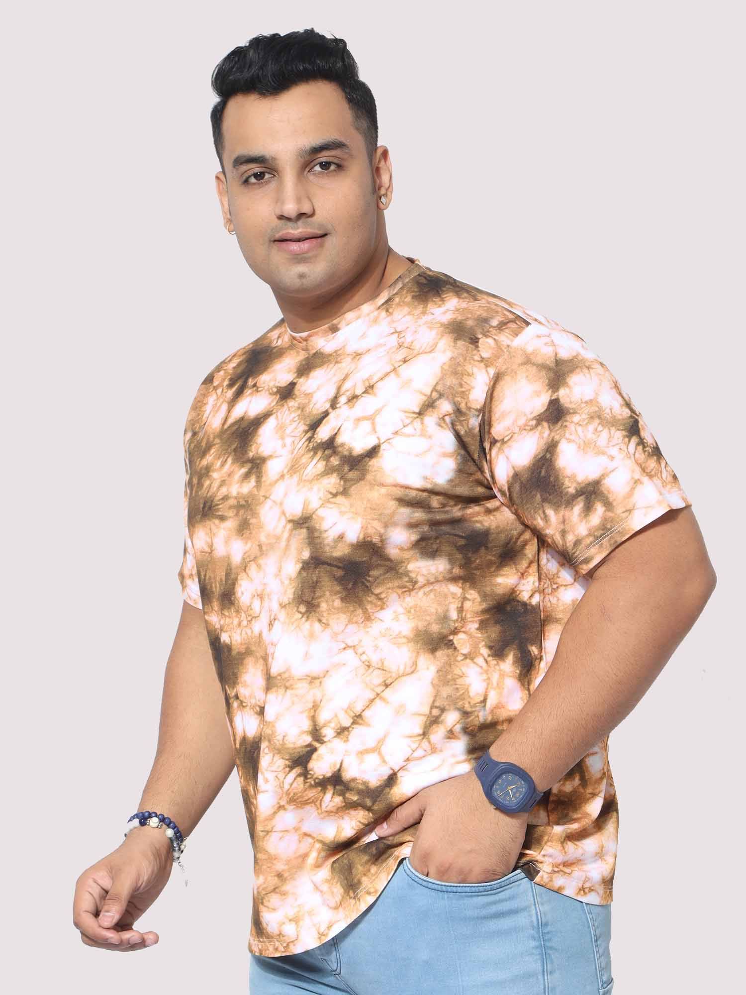 Men Plus Size Mustard Tie Dye Texture Digital Printed Round Neck T-Shirt - Guniaa Fashions