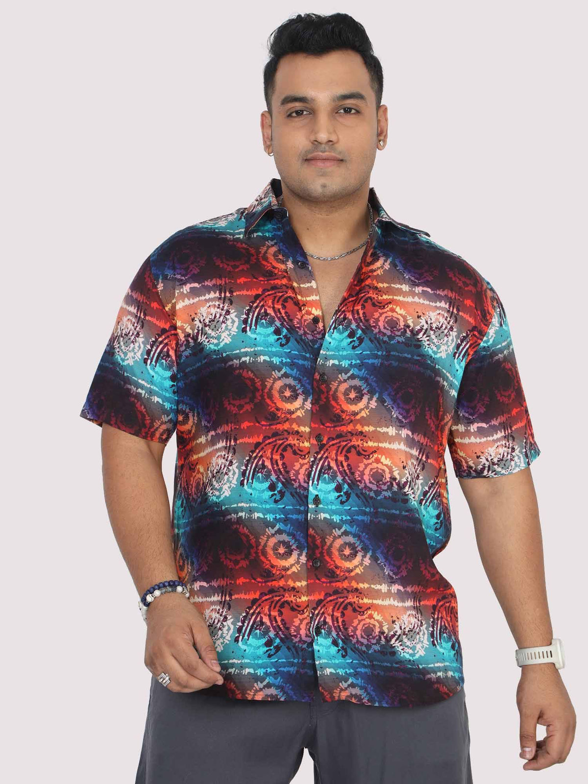 Men Plus Size Paisley Wheel Digital Printed Half Shirt - Guniaa Fashions