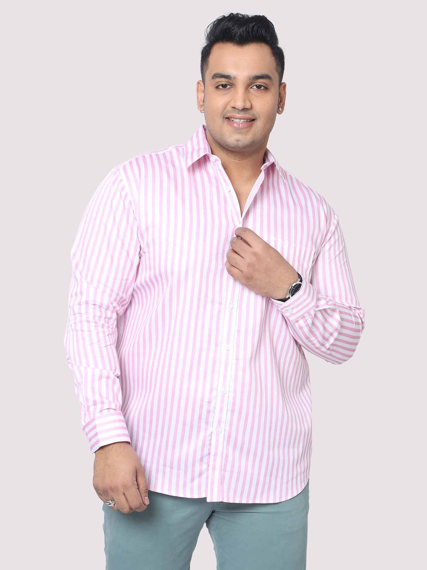 Men Plus Size Pink & White Striped Digital Printed Full Shirt - Guniaa Fashions