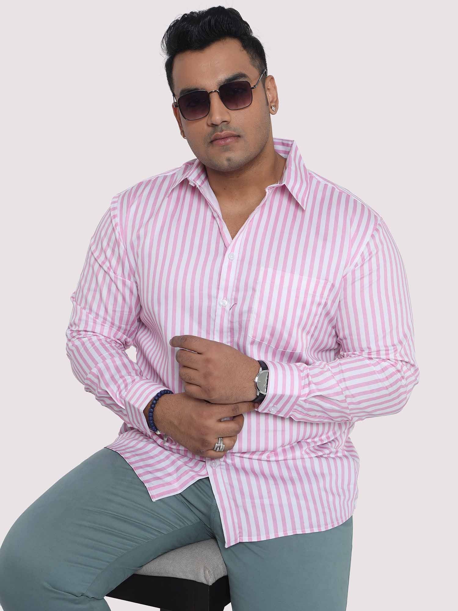 Men Plus Size Pink & White Striped Digital Printed Full Shirt - Guniaa Fashions