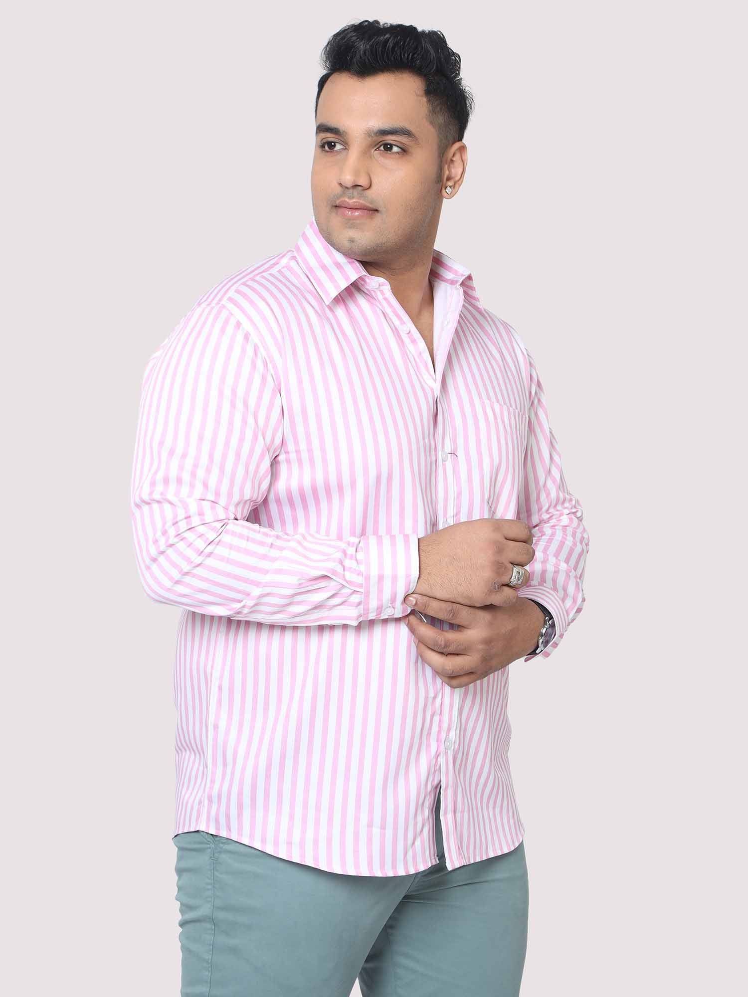 Men Plus Size Pink & White Striped Digital Printed Full Shirt - Guniaa Fashions