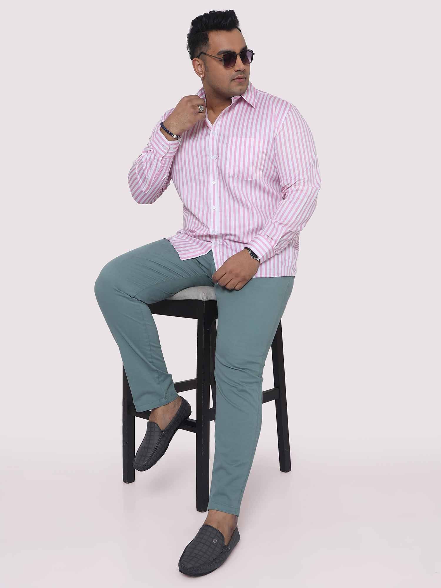 Men Plus Size Pink & White Striped Digital Printed Full Shirt - Guniaa Fashions