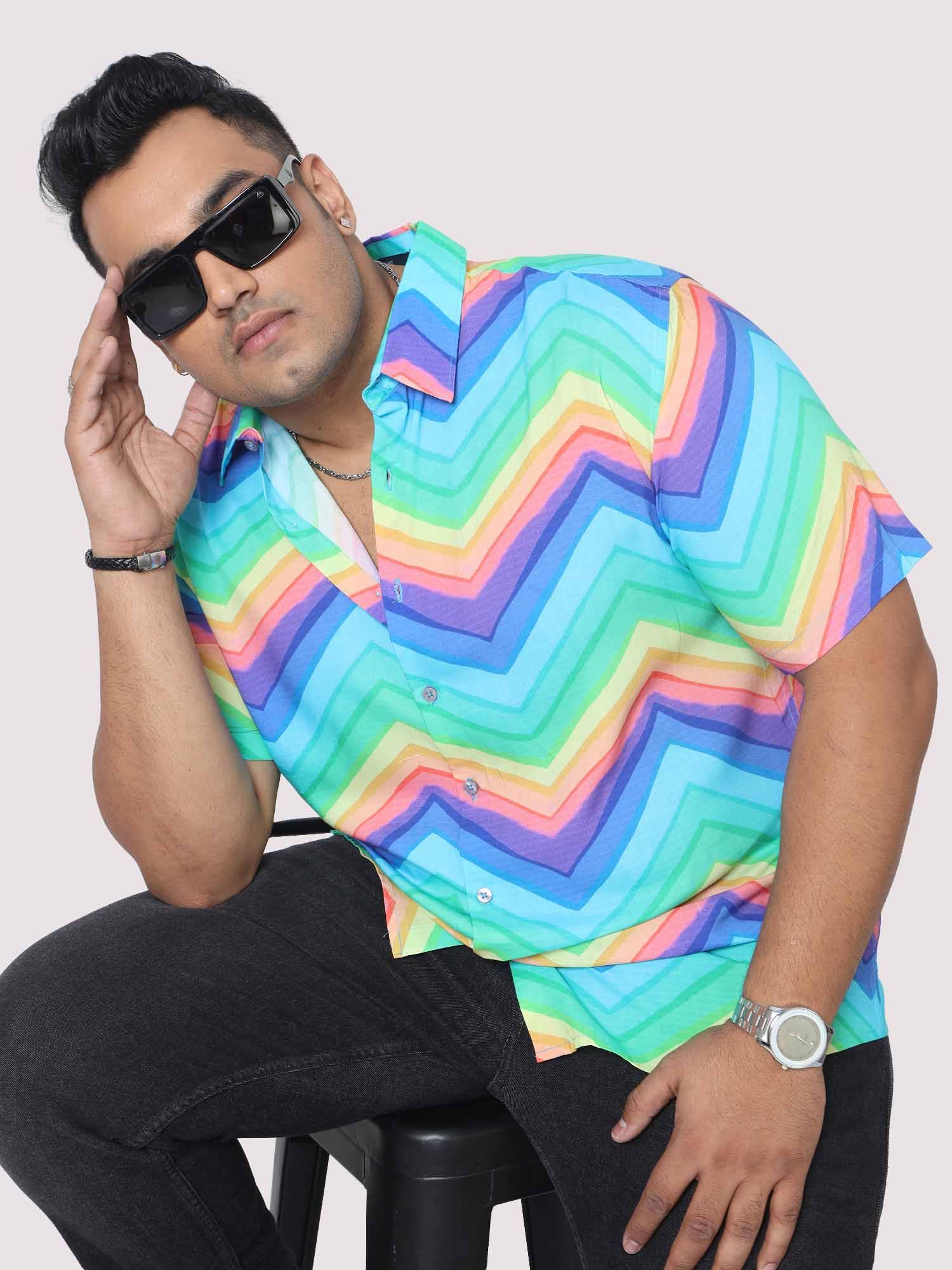 Men Plus Size Rainbow Pattern Digital Printed Half Shirt - Guniaa Fashions