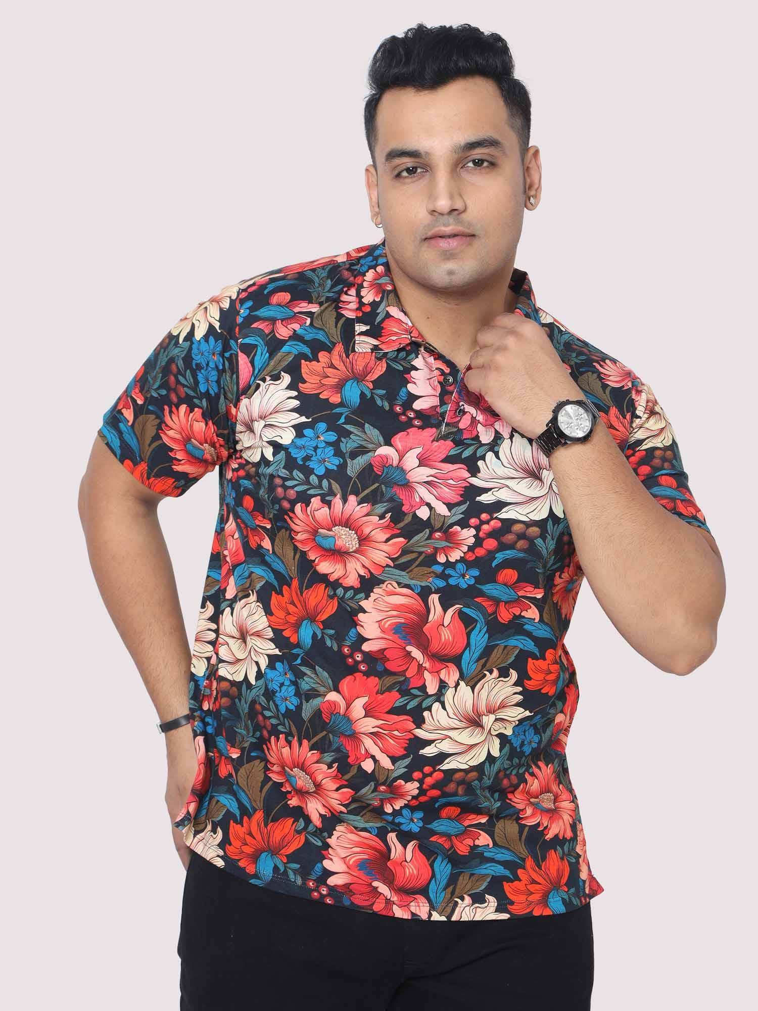 Men Plus Size Red Floral Digital Printed Polo Collar T-shirt - Guniaa Fashions