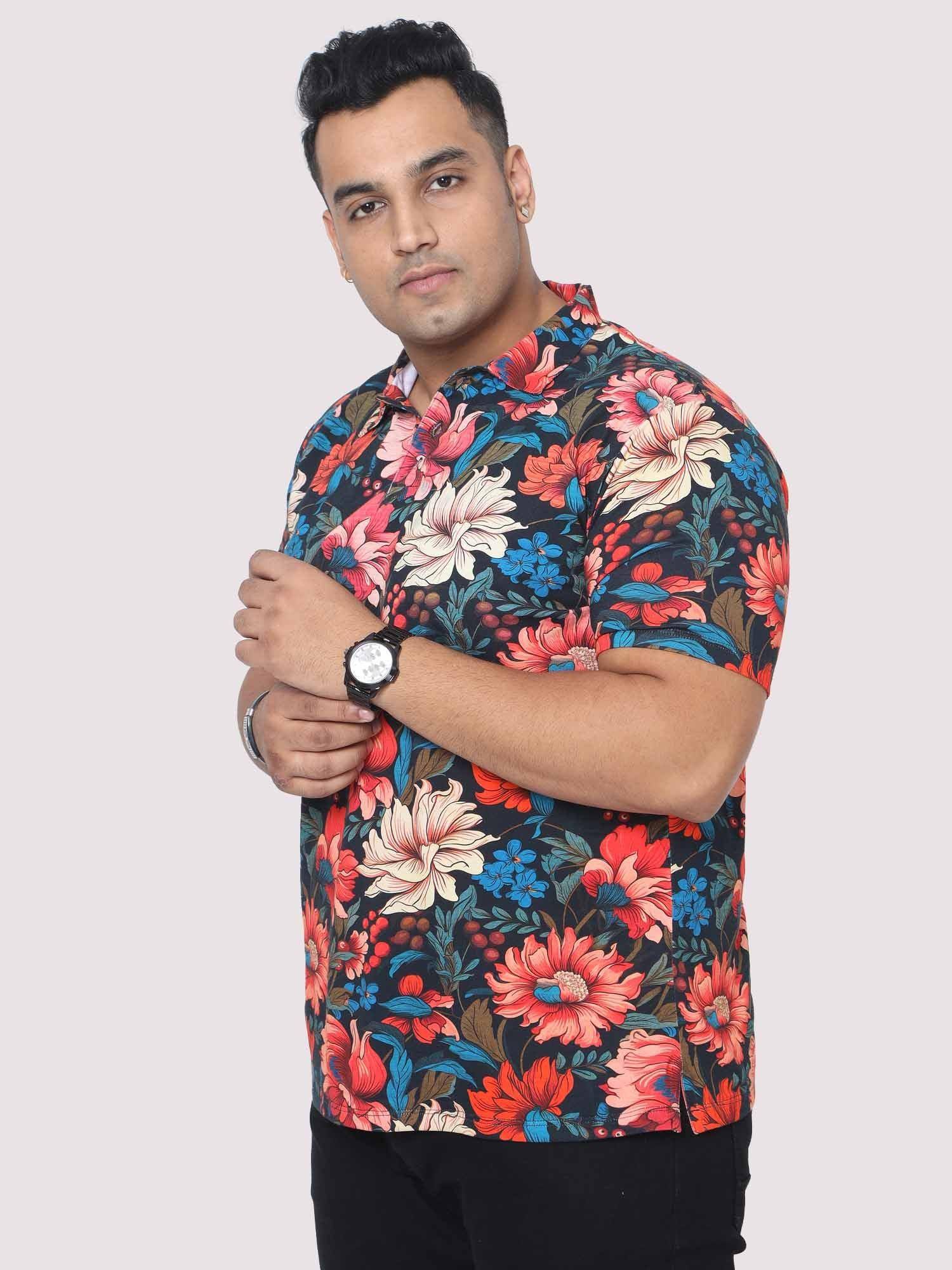 Men Plus Size Red Floral Digital Printed Polo Collar T-shirt - Guniaa Fashions