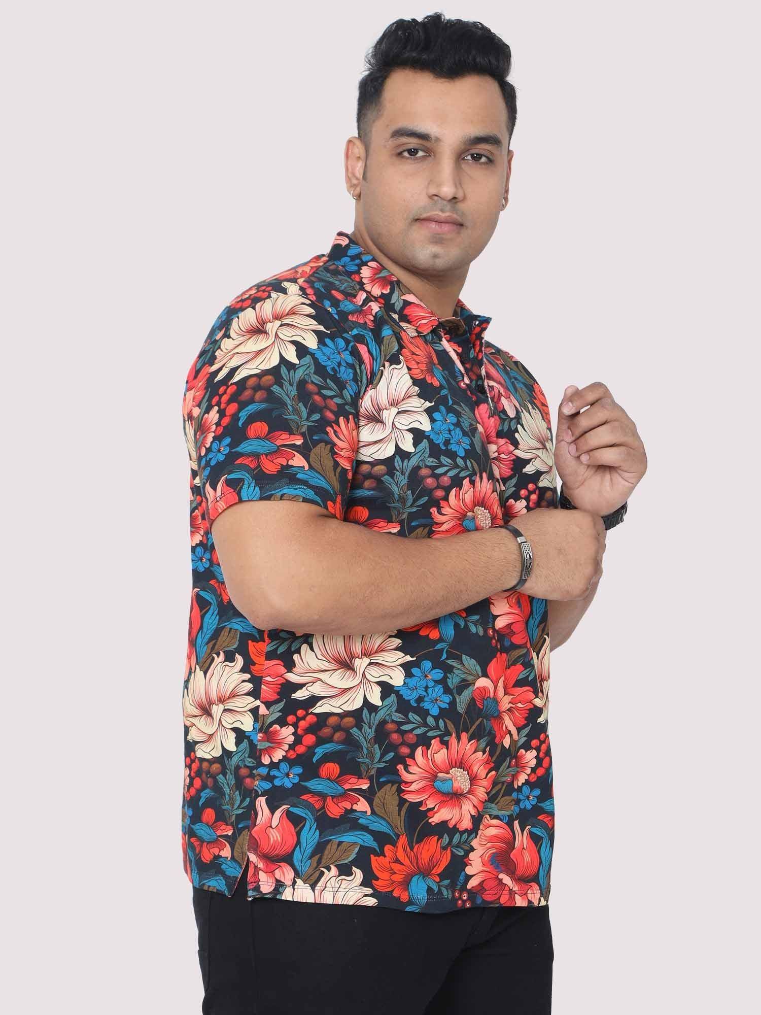 Men Plus Size Red Floral Digital Printed Polo Collar T-shirt - Guniaa Fashions