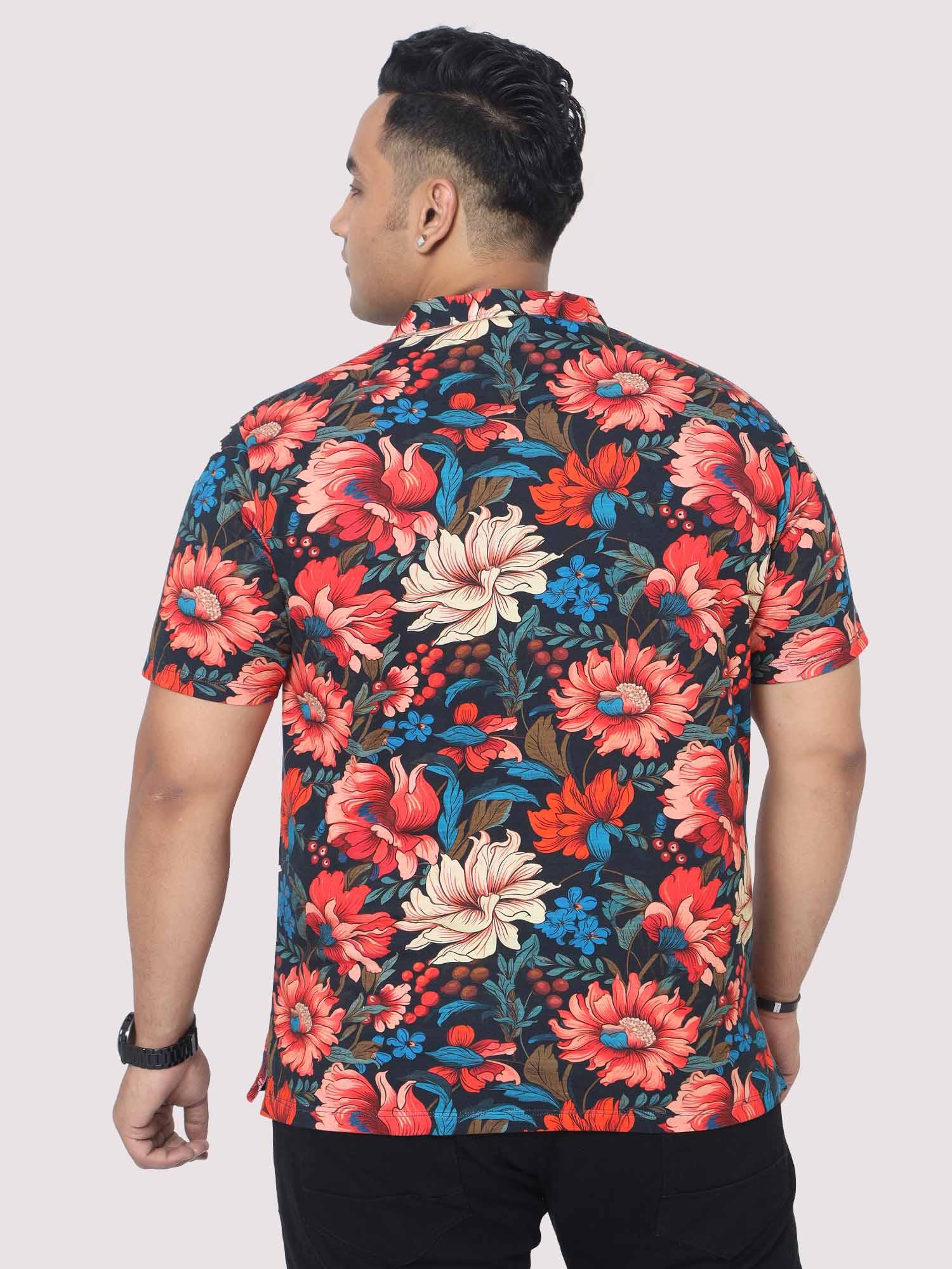 Men Plus Size Red Floral Digital Printed Polo Collar T-shirt - Guniaa Fashions