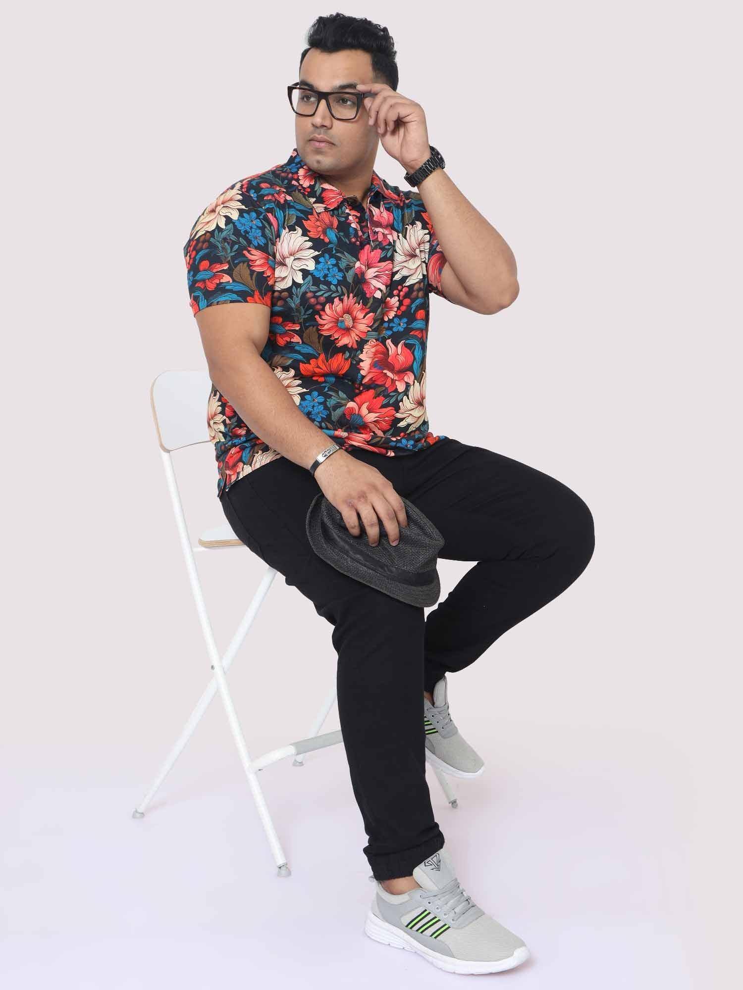 Men Plus Size Red Floral Digital Printed Polo Collar T-shirt - Guniaa Fashions