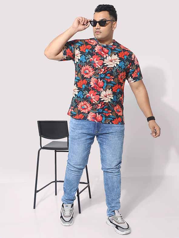 Men Plus Size Red Floral Digital Printed Round Neck T-Shirt - Guniaa Fashions