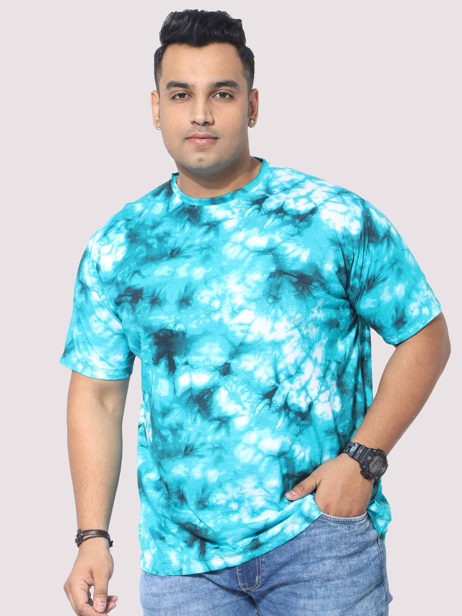 Men Plus Size Sky Blue Tie Dye Texture Digital Printed Round Neck T-Shirt - Guniaa Fashions