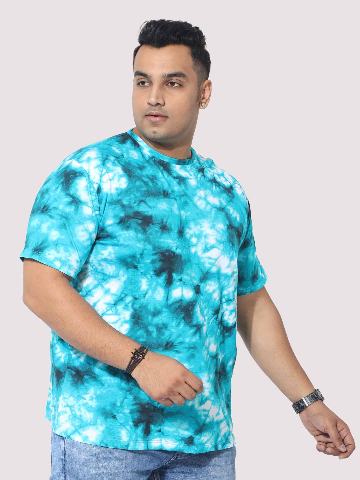 Men Plus Size Sky Blue Tie Dye Texture Digital Printed Round Neck T-Shirt - Guniaa Fashions