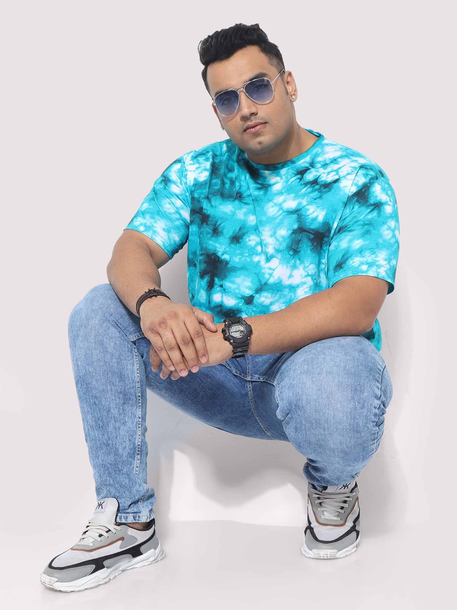 Men Plus Size Sky Blue Tie Dye Texture Digital Printed Round Neck T-Shirt - Guniaa Fashions