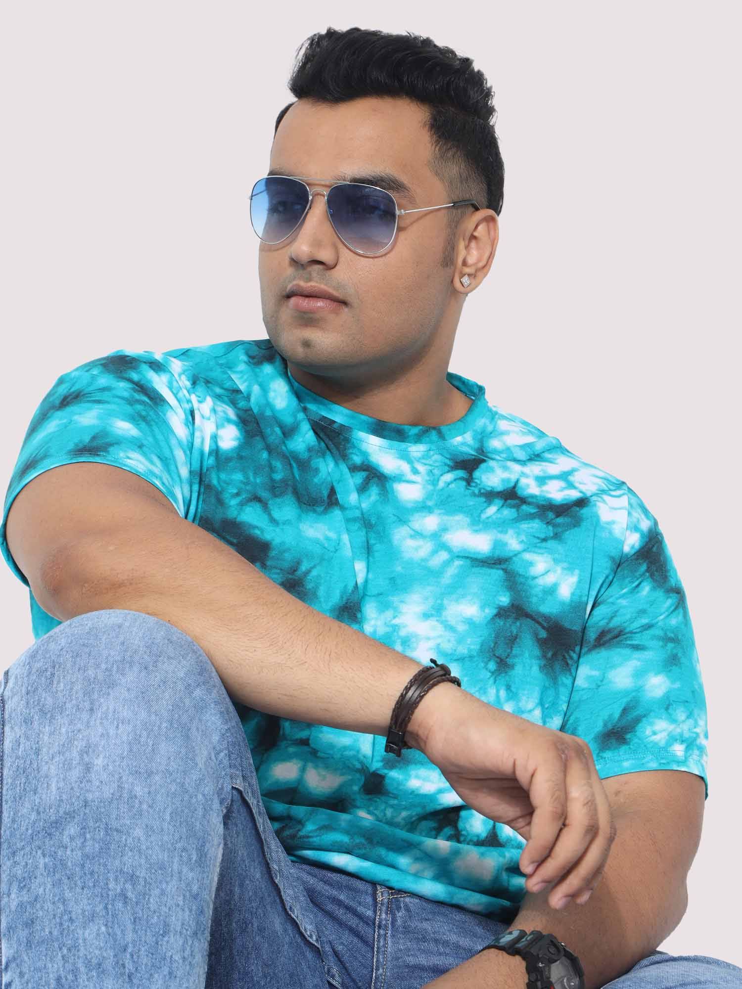 Men Plus Size Sky Blue Tie Dye Texture Digital Printed Round Neck T-Shirt - Guniaa Fashions