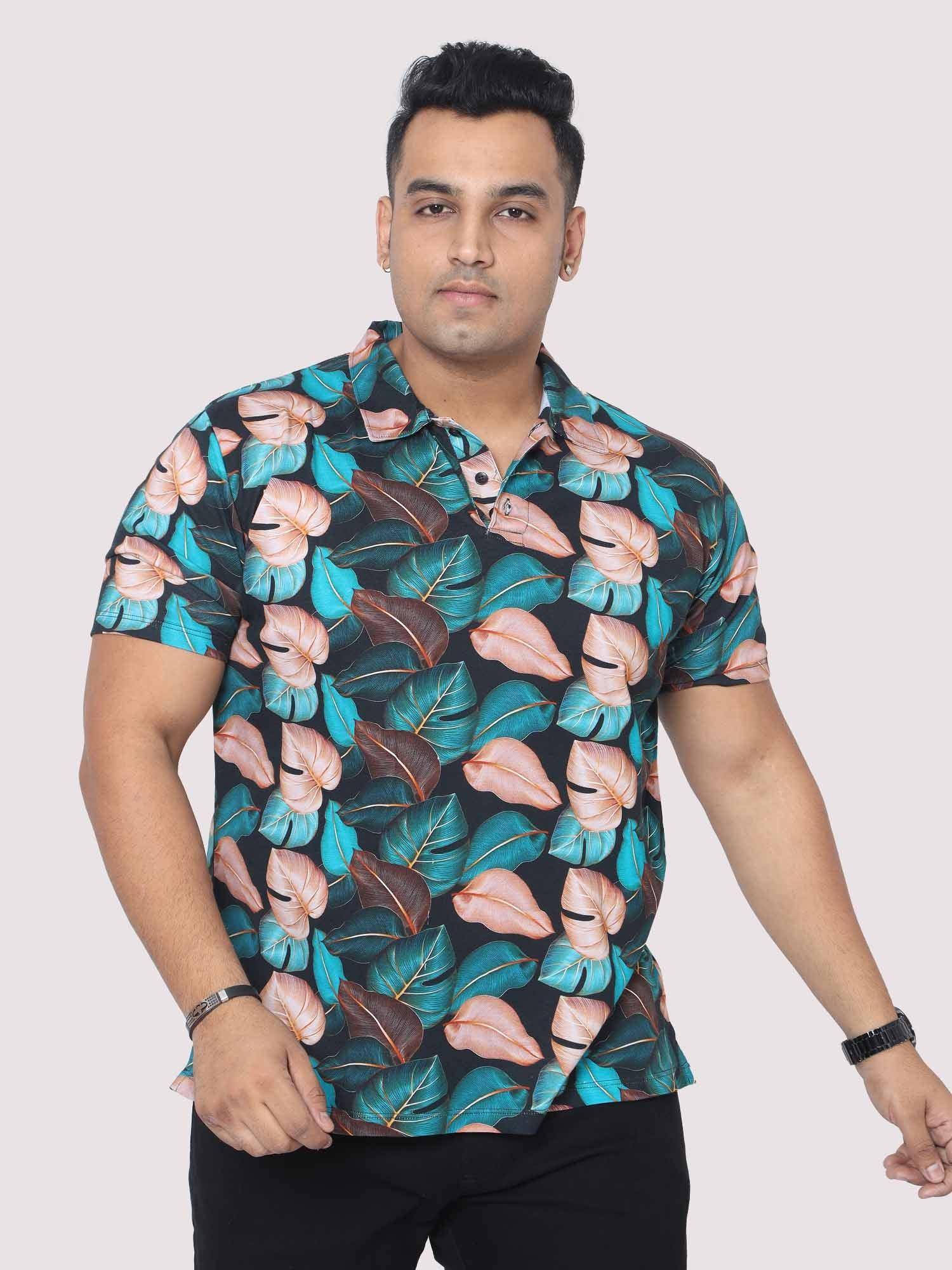 Men Plus Size Tropical Leaf Digital Printed Polo Collar T-shirt - Guniaa Fashions