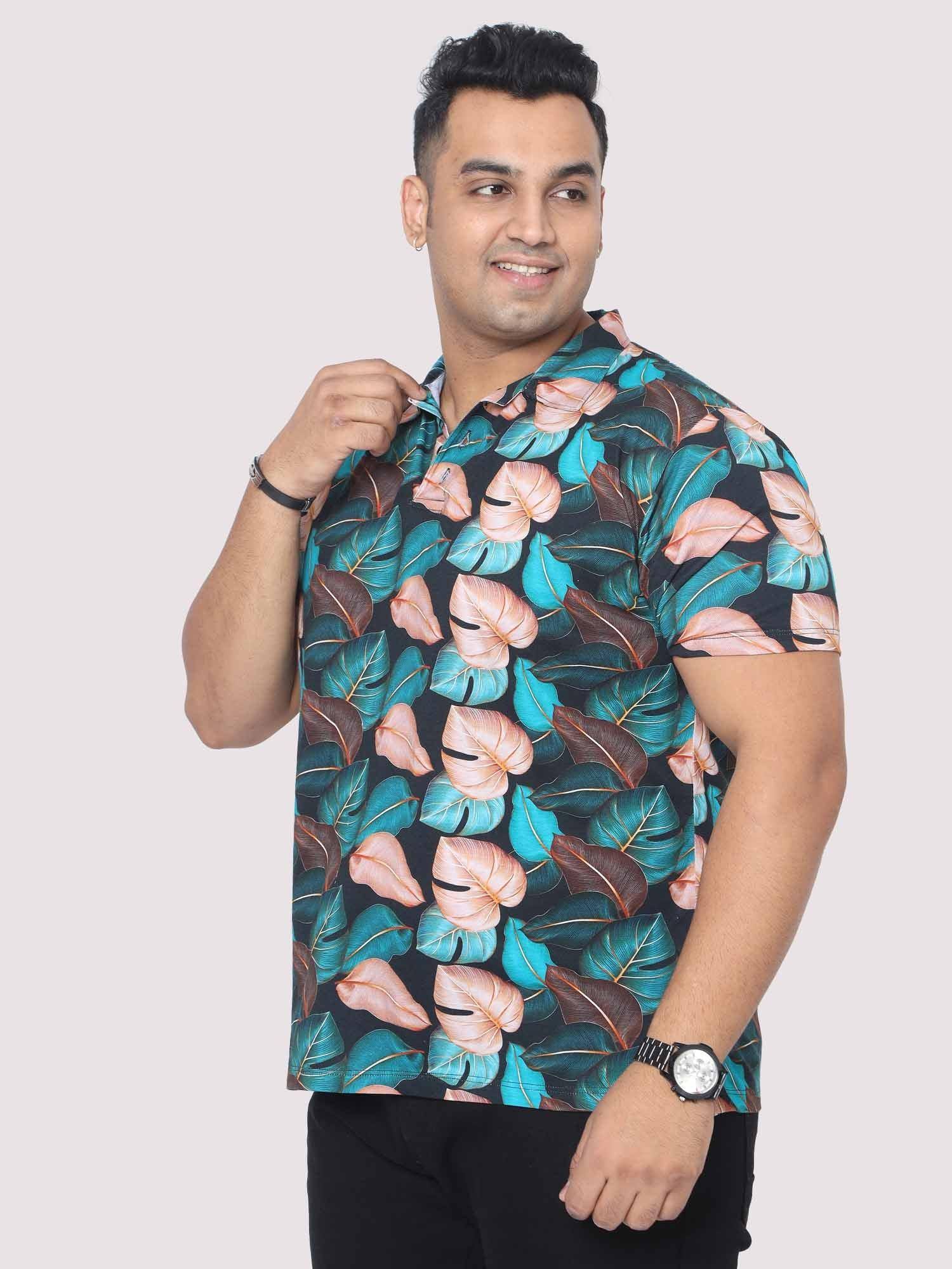 Men Plus Size Tropical Leaf Digital Printed Polo Collar T-shirt - Guniaa Fashions