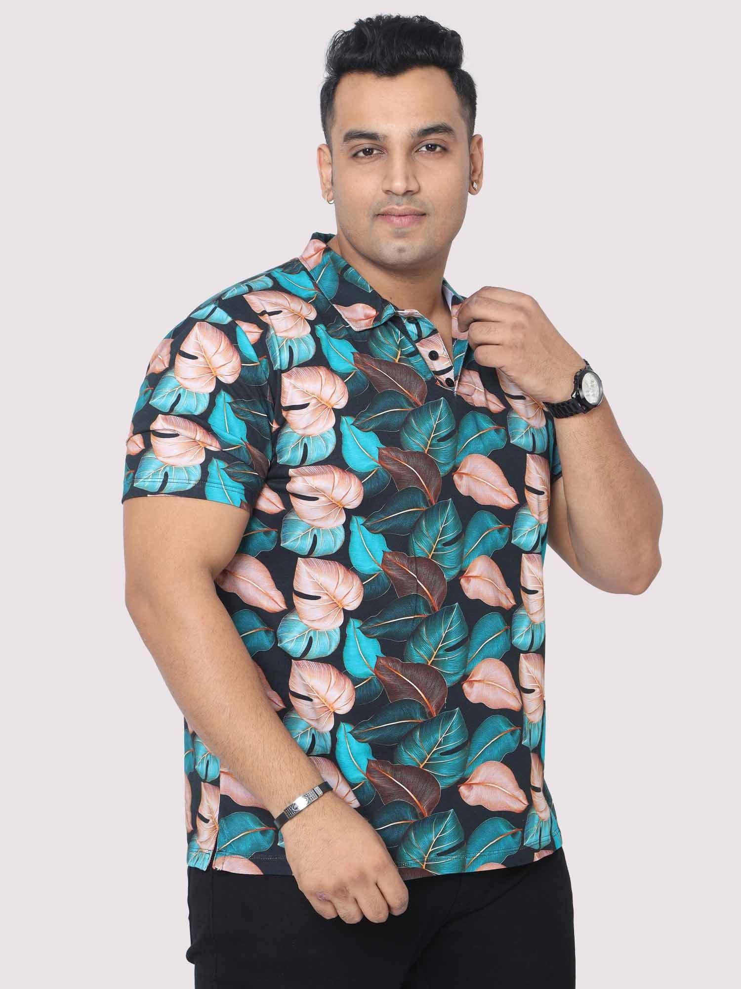 Men Plus Size Tropical Leaf Digital Printed Polo Collar T-shirt - Guniaa Fashions