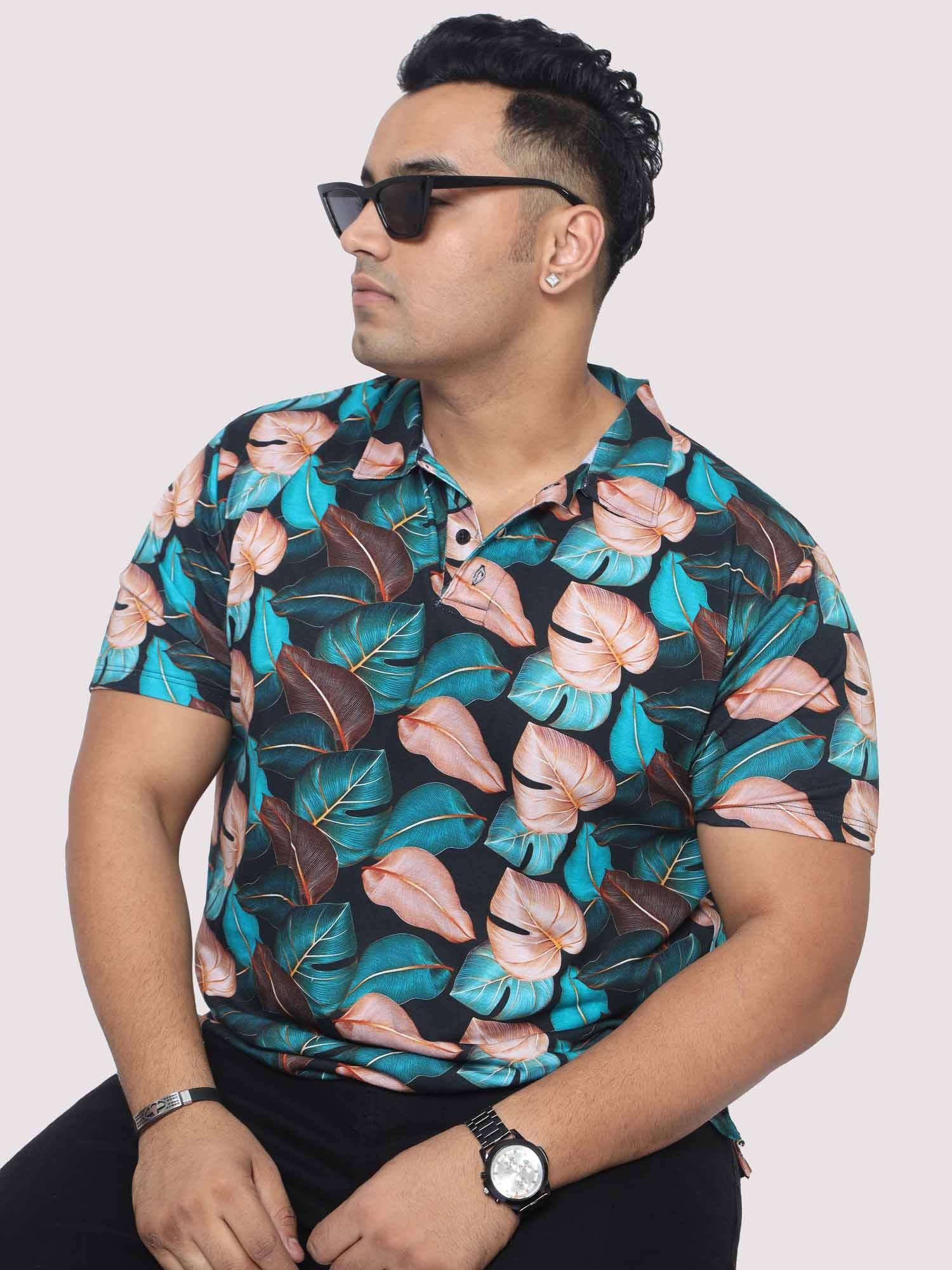 Men Plus Size Tropical Leaf Digital Printed Polo Collar T-shirt - Guniaa Fashions