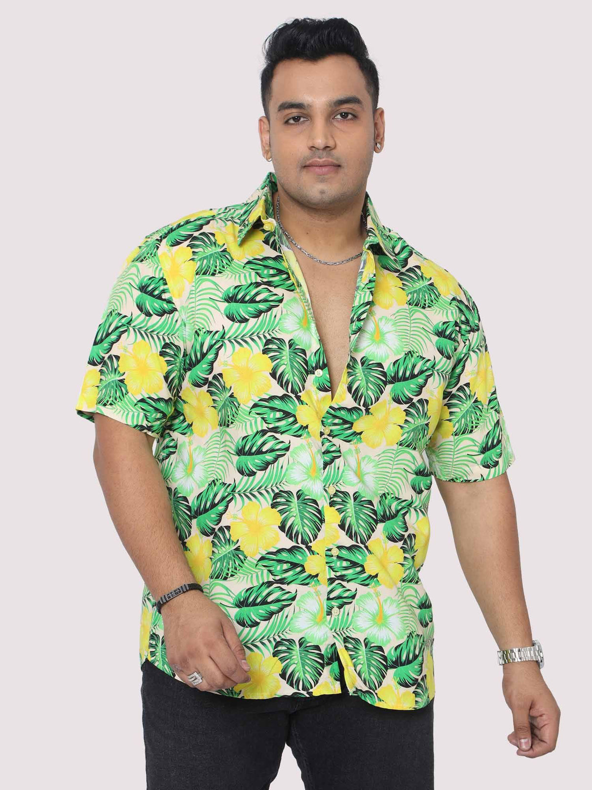Men Plus Size Tropical Yellow Green Digital Printed Half Shirt - Guniaa Fashions