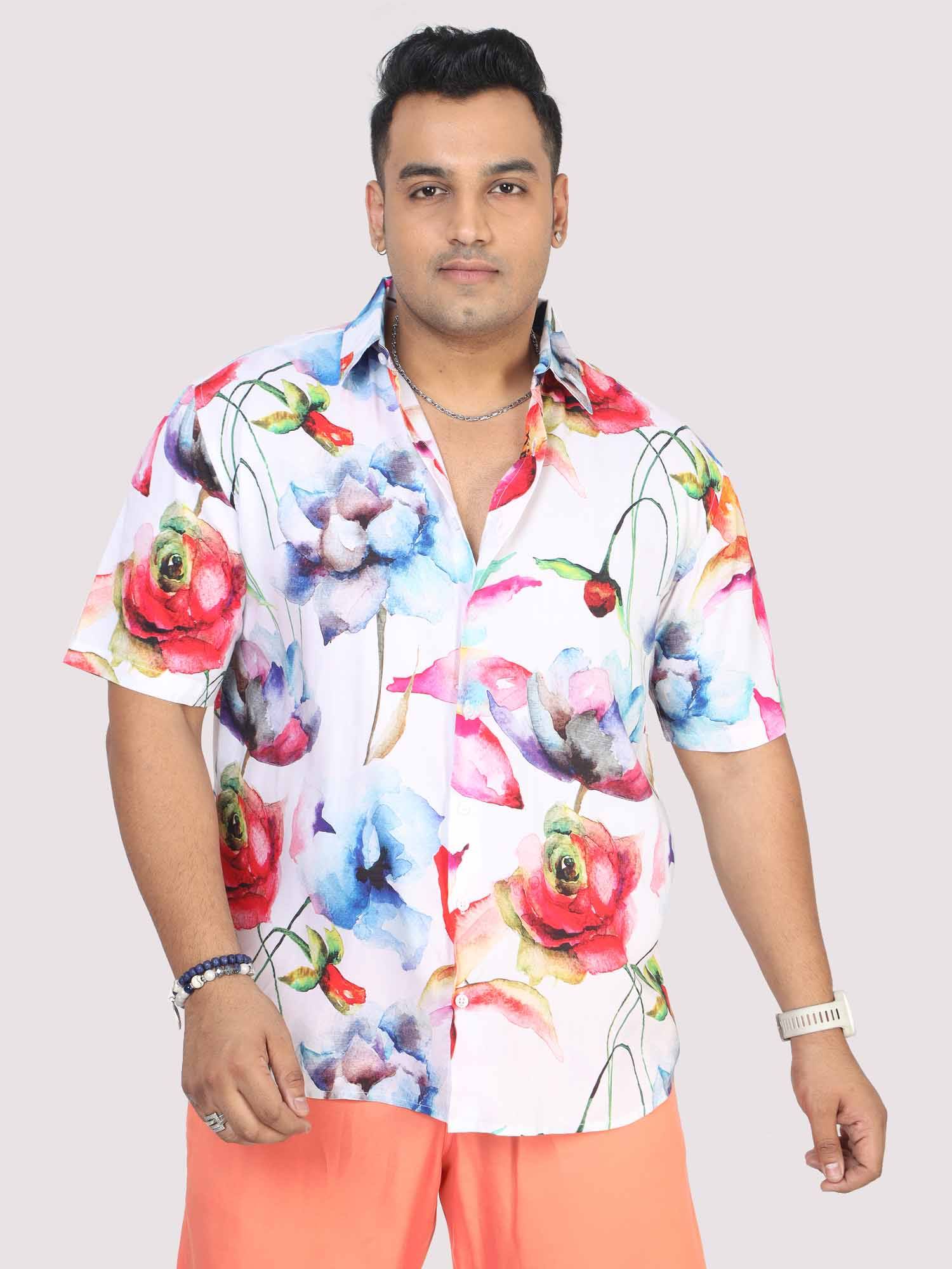 Men Plus Size Watercolour Flower Digital Printed Half Shirt - Guniaa Fashions