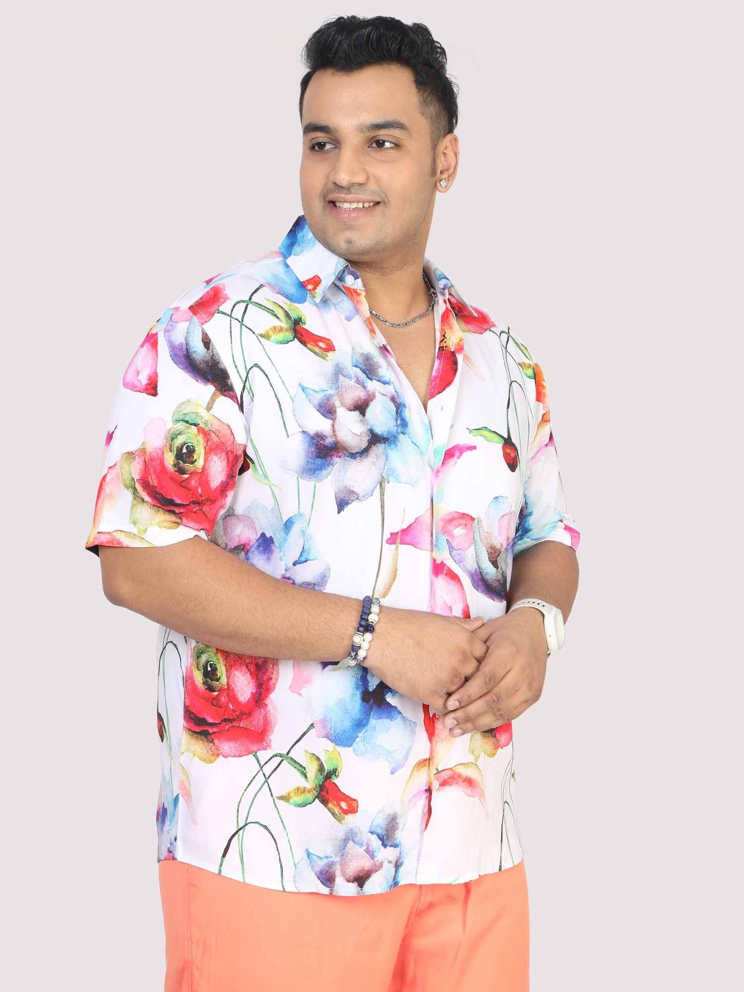 Men Plus Size Watercolour Flower Digital Printed Half Shirt - Guniaa Fashions