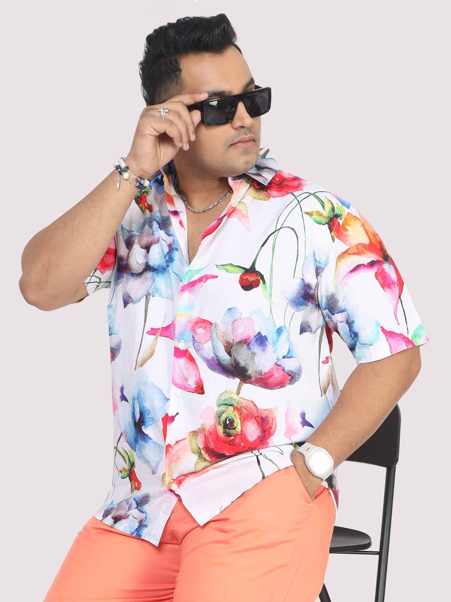 Men Plus Size Watercolour Flower Digital Printed Half Shirt - Guniaa Fashions