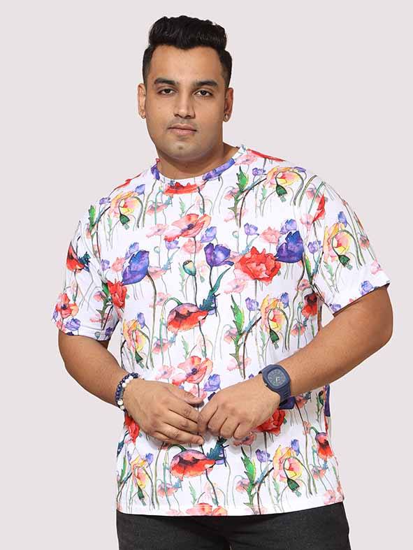 Men Plus Size Watercolour Flower Digital Printed Round Neck T-Shirt - Guniaa Fashions