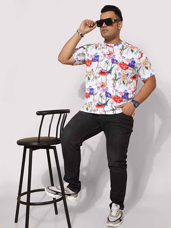 Men Plus Size Watercolour Flower Digital Printed Round Neck T-Shirt - Guniaa Fashions