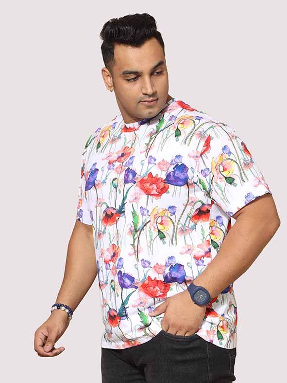 Men Plus Size Watercolour Flower Digital Printed Round Neck T-Shirt - Guniaa Fashions