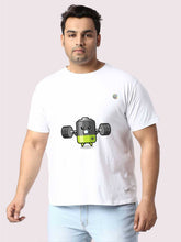 Men Plus Size White Battery Cartoon Printed Round Neck T-Shirt - Guniaa Fashions