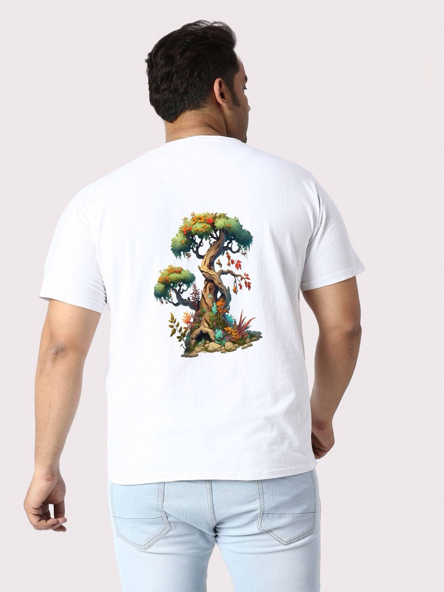 Men Plus Size White Bonsai Tree Printed Round Neck T-Shirt - Guniaa Fashions