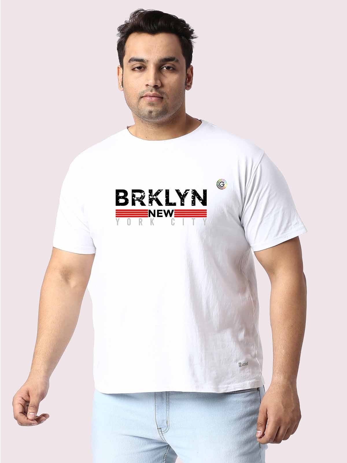 Men Plus Size White Brooklyn Printed Round Neck T-Shirt - Guniaa Fashions